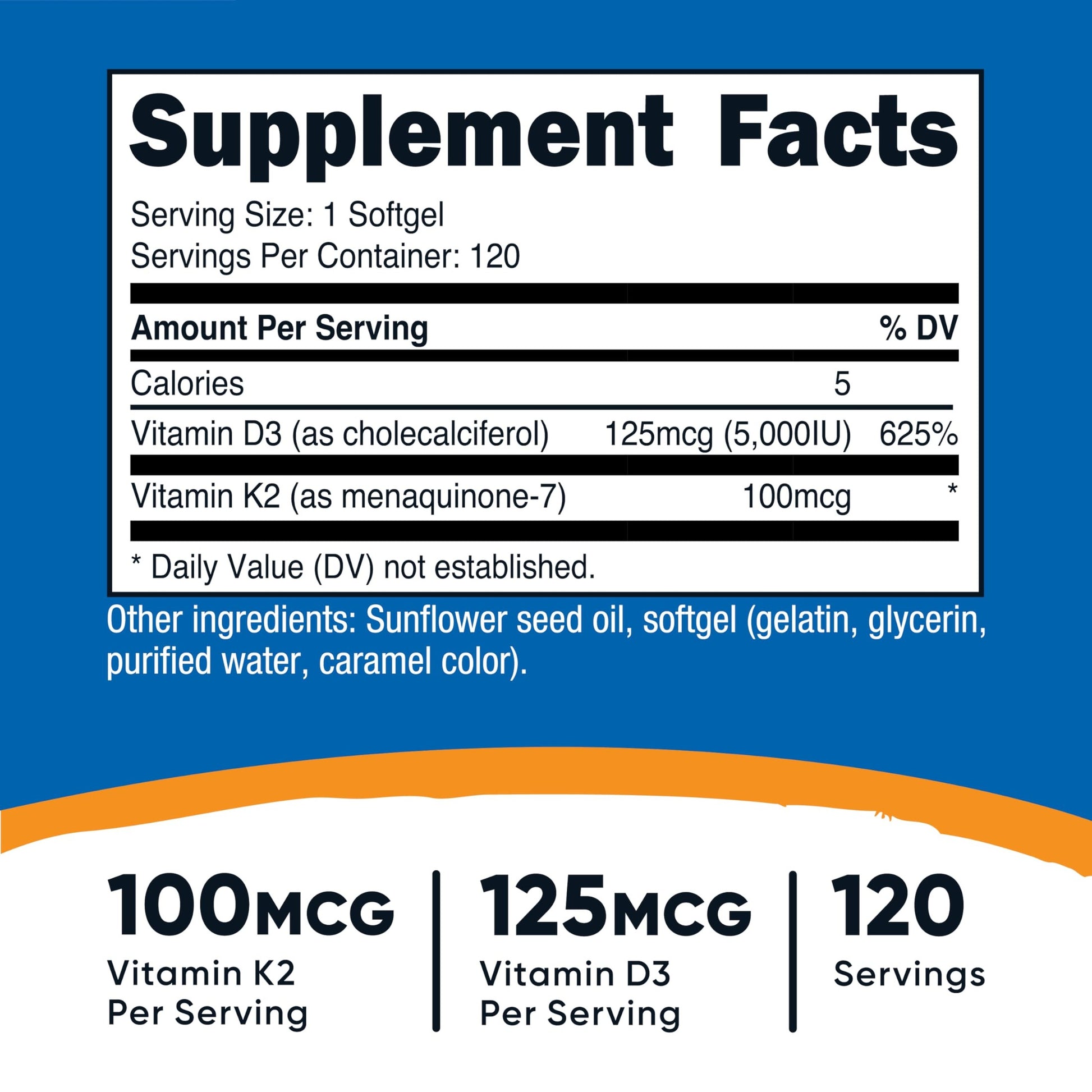 Nutricost Vitamin K2 (MK7) (100mcg) + Vitamin D3 (5000 IU) 120 Softgels - Gluten Free and Non-GMO - Medaid International