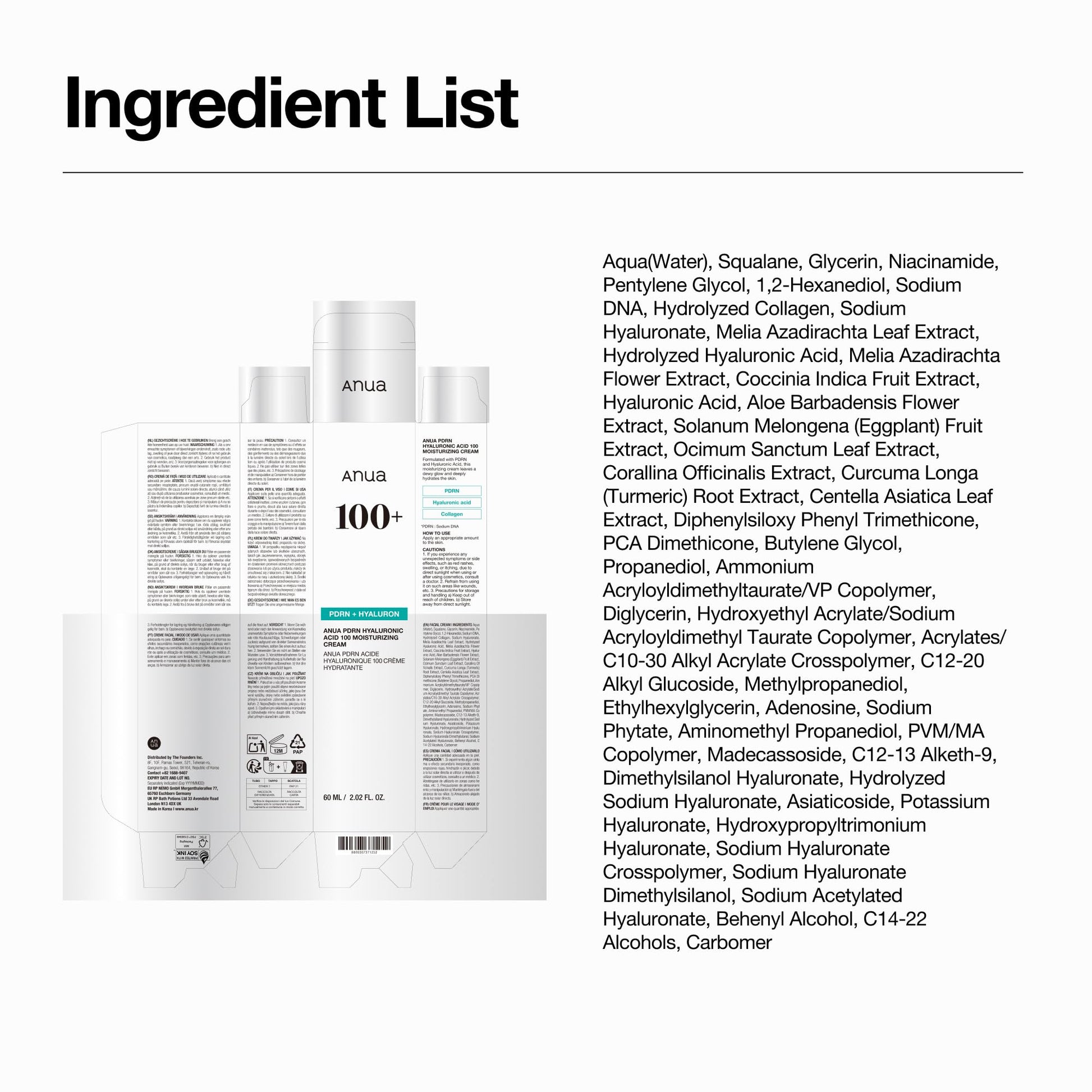 ANUA PDRN Hyaluronic Acid 100 Moisturizing Cream, Lightweight Hydrating Moisturizer with Salmon DNA, Hyaluronic Acid, Collagen For Glass Skin, Korean Skin Care (60ml / 2.02 fl. oz) - Medaid International