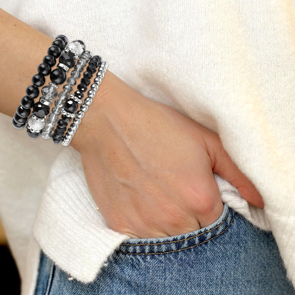 KASTWAVE Beaded Stretch Bracelets, 5 Pcs Stackable Crystal Bead Bracelets, Precious Healing Crystals, Bohemian Fashion Accessories, Positive Energy Boost, Gifts for Women