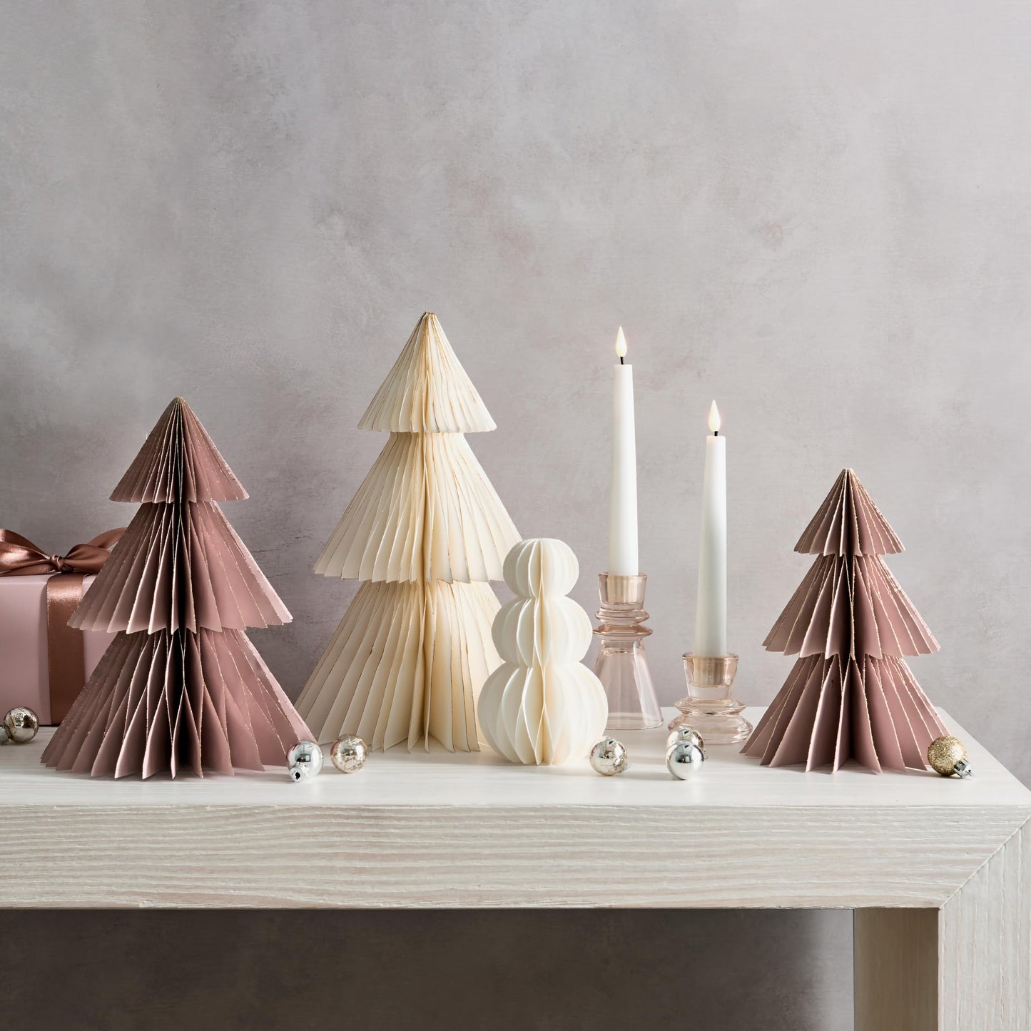 LampLust Paper Christmas Tree Decor, 2 Pack Honeycomb Paper Trees, 6 & 8 Inch, White & Gold Glitter Edge, Holiday Table Centerpieces, Christmas Table Decor, Winter Decorations - Medaid International