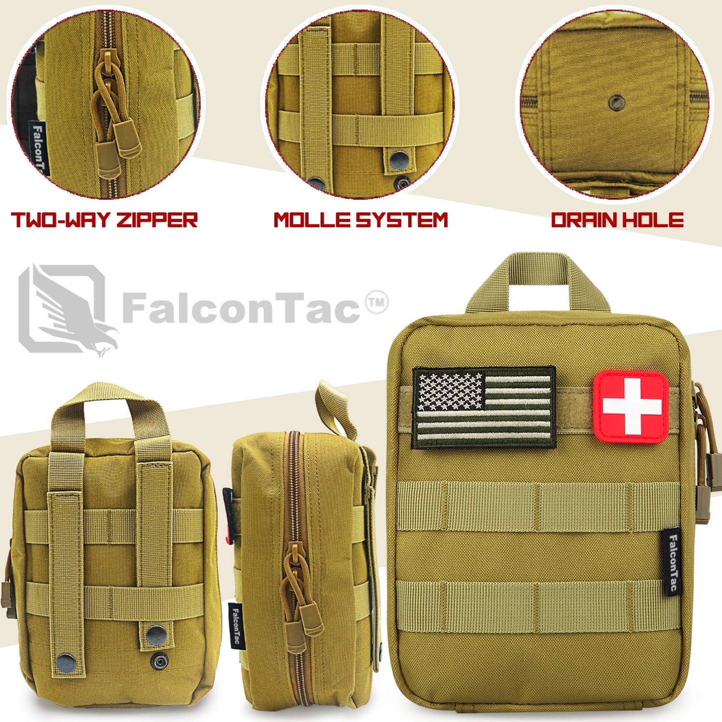 FalconTac 200 Pieces First Aid Kit IFAK Survival Kit Molle System Compatible Pouch, Emergency Kit Gift for Men, Dad, Husband, for Outdoor, Camping, Hunting, Hiking, Home, Earthquake, Disasters Tan