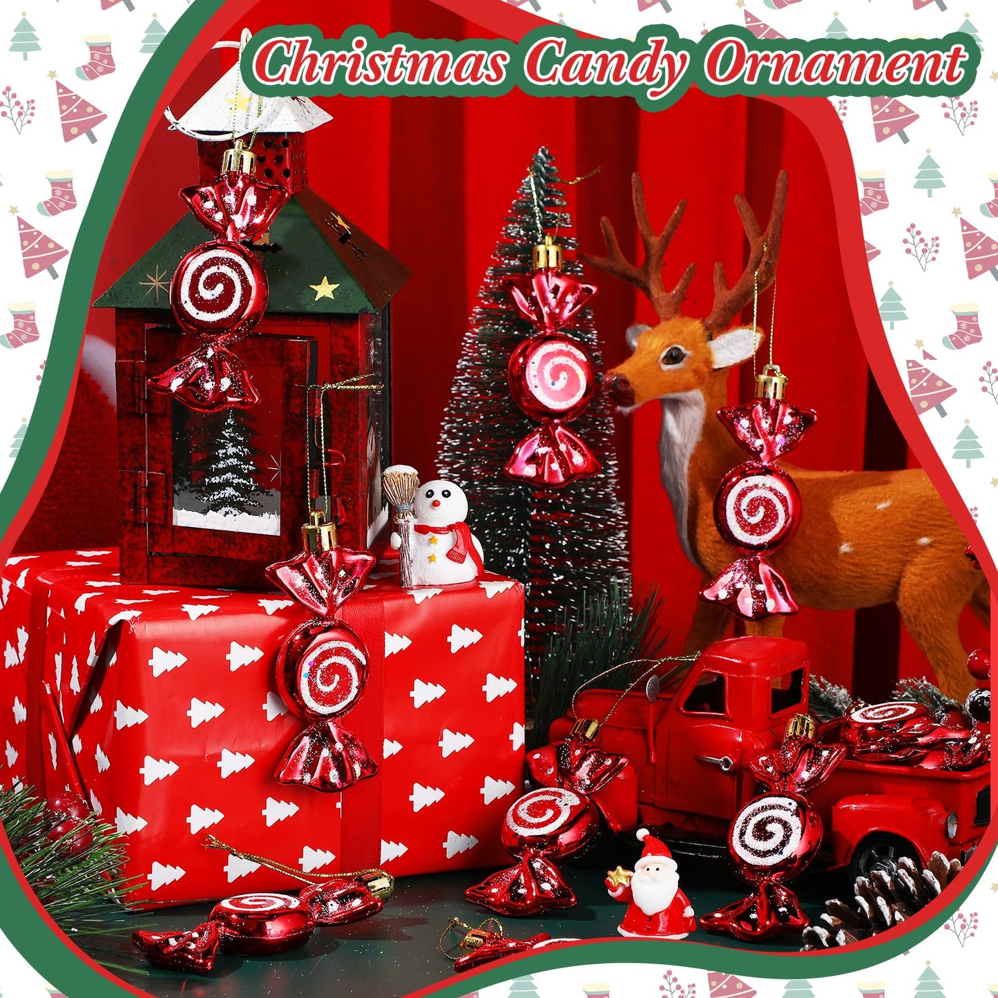 Threan 12 Pcs Christmas Candy Ornaments Hanging Glitter Candy Cane Decoration Xmas Tree Peppermint Ornament with Golden Rope for Xmas Halloween Decoration(Red,Plastic) - Medaid International