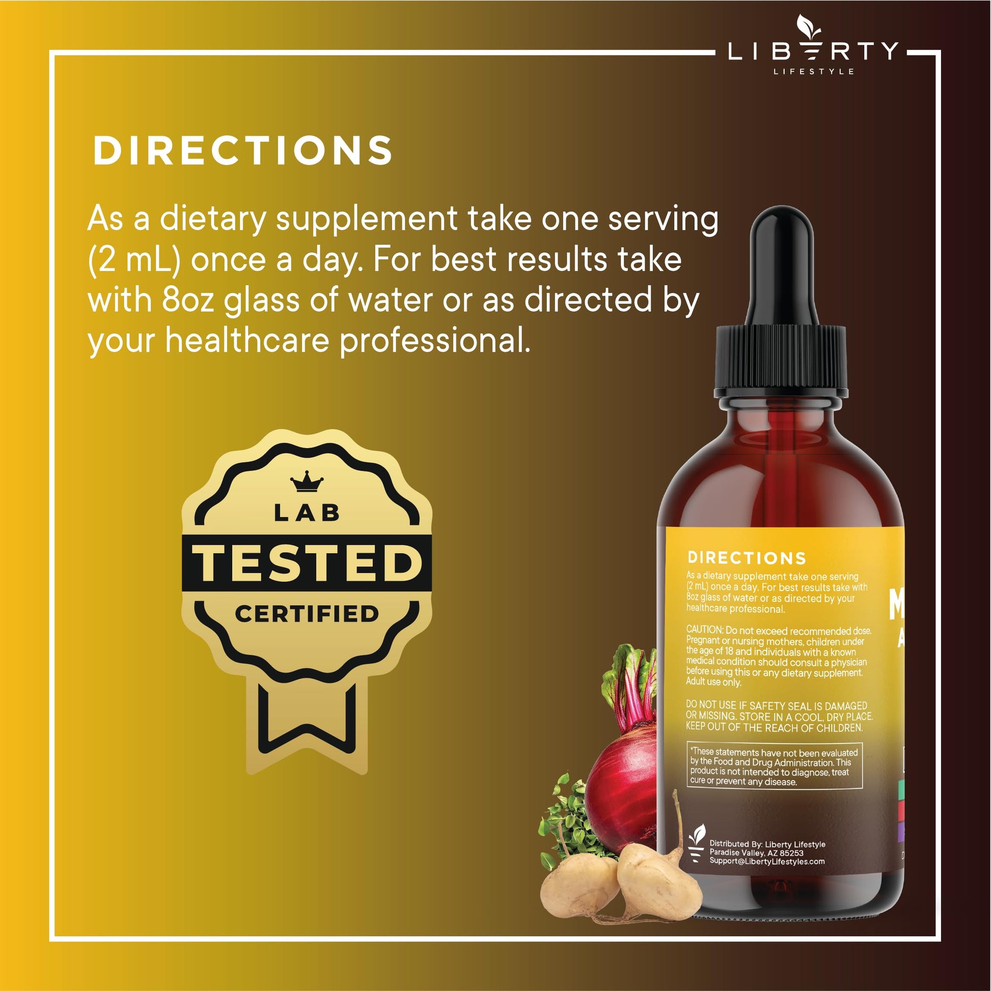 Liberty Lifestyle Organic Maca Root Liquid Drops with Ashwagandha, Nettle, Fenugreek, Beet Root and L-Arginine Liquid Multivitamin for Women and Men - 2oz - Medaid International