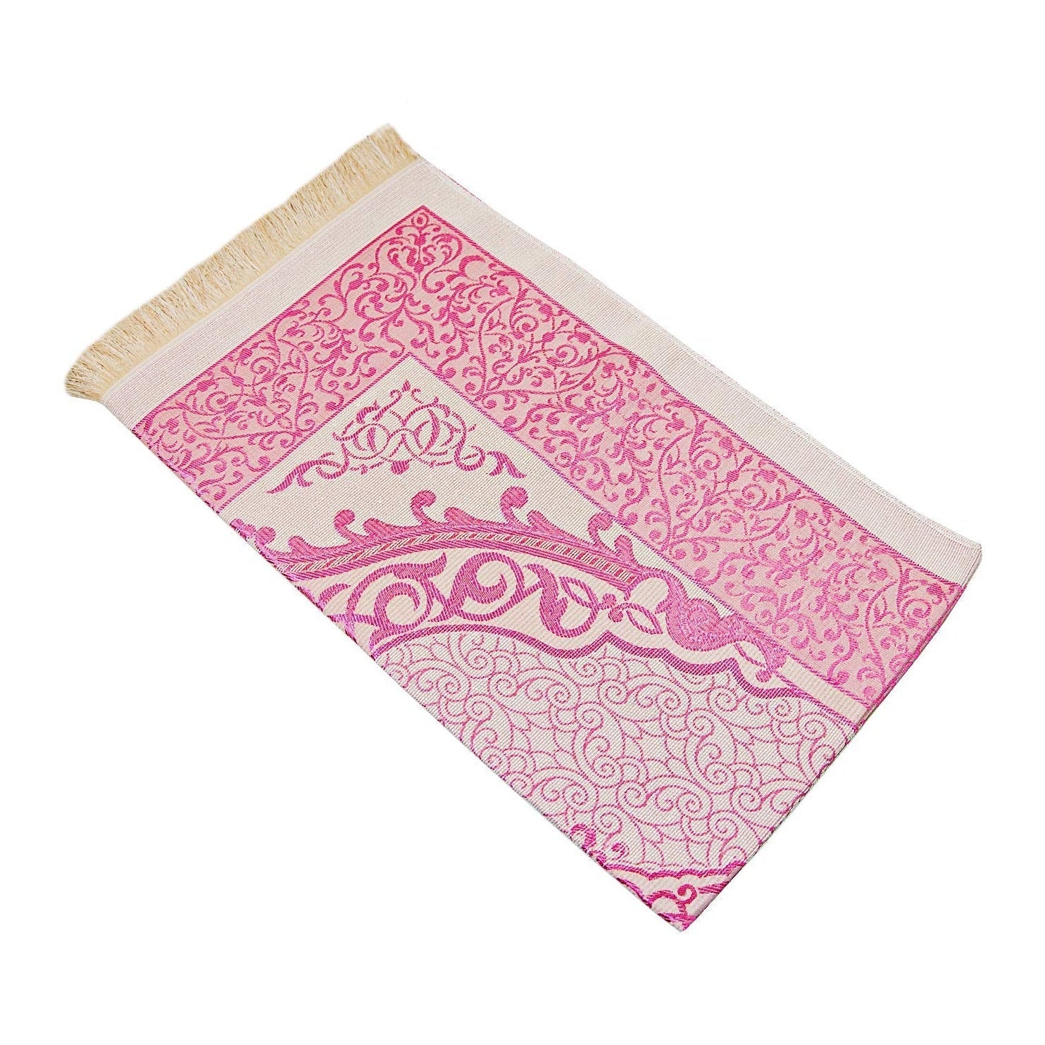 Muslim Prayer Rug and Prayer Beads with Elegant Cylinder Gift Box | Janamaz | Sajadah | Soft Islamic Prayer Rug | Islamic Gifts Set | Prayer Carpet Mat, Taffeta Fabric, Pink - Medaid International