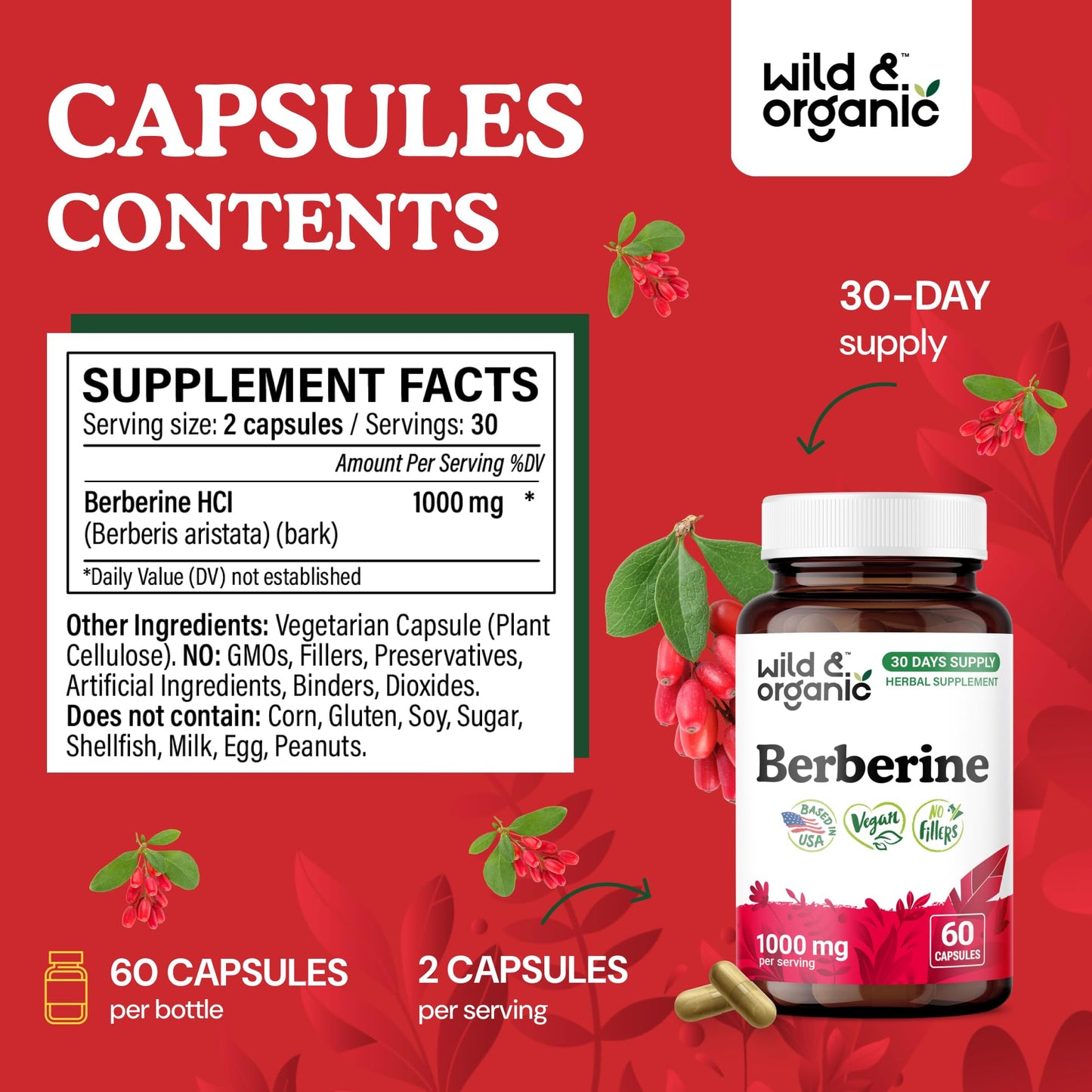 Wild & Organic Berberine Supplement Capsules 1000 mg - Antioxidant & Overall Support - Pure Berberine HCL Powder - Berberis Aristata Bark - Vegan, No Fillers, Non-GMO - 60 Count - Medaid International