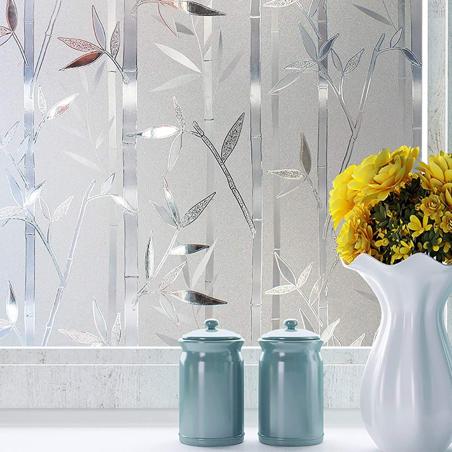 Niviy Bamboo Privacy Film - Frosted Window Sticker, Decorative Cling, Non-Adhesive Removable Glass Coverings for Bathroom, Kitchen, Office - 17.7 x 118 Inches - Medaid International