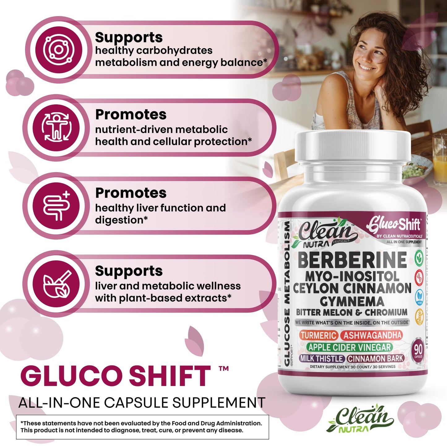 Clean Nutra Berberine Supplement with Ceylon Cinnamon Myo-Inositol Gymnema Bitter Melon & Chromium | Berberine HCI Root Extract Complex | 90 Capsules | Vegan, Gluten-Free, Non-GMO - Medaid International