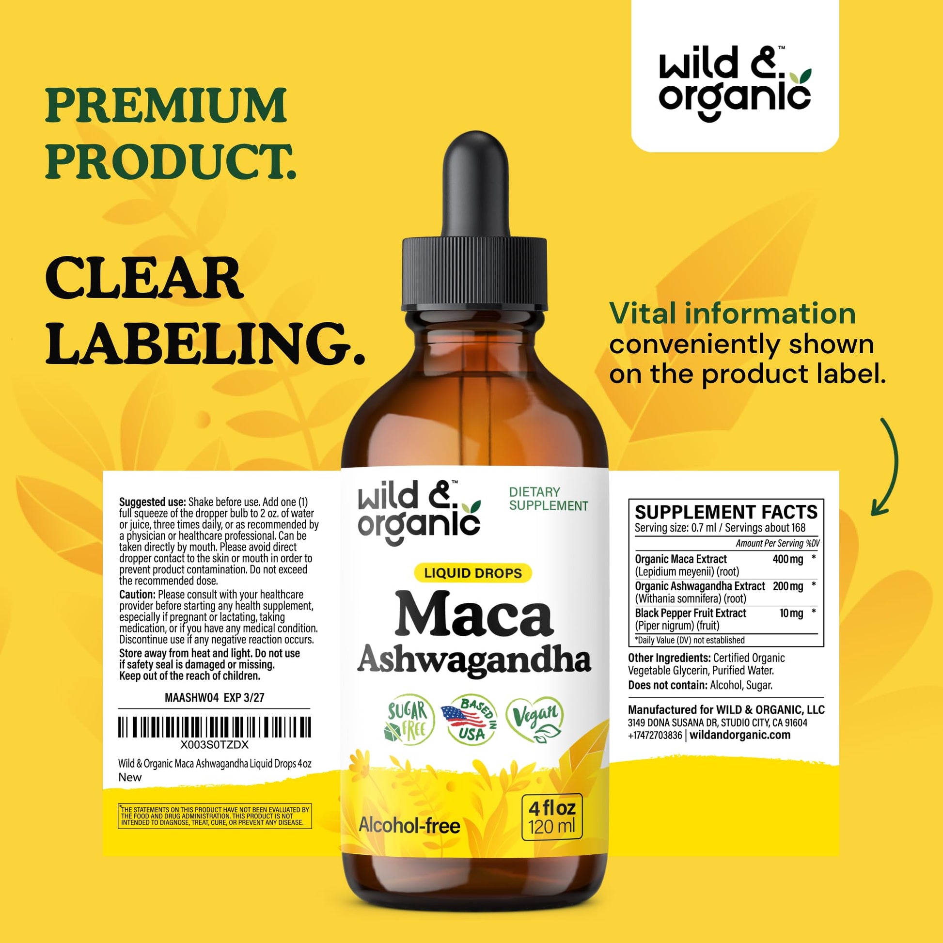 Wild & Organic Maca Root Ashwagandha Drops for Men and Women - Liquid Maca Ashwagandha Supplement for Overall Support - Peruvian Extract Tincture - Vegan, Sugar & Alcohol-Free - 4 fl oz - Medaid International