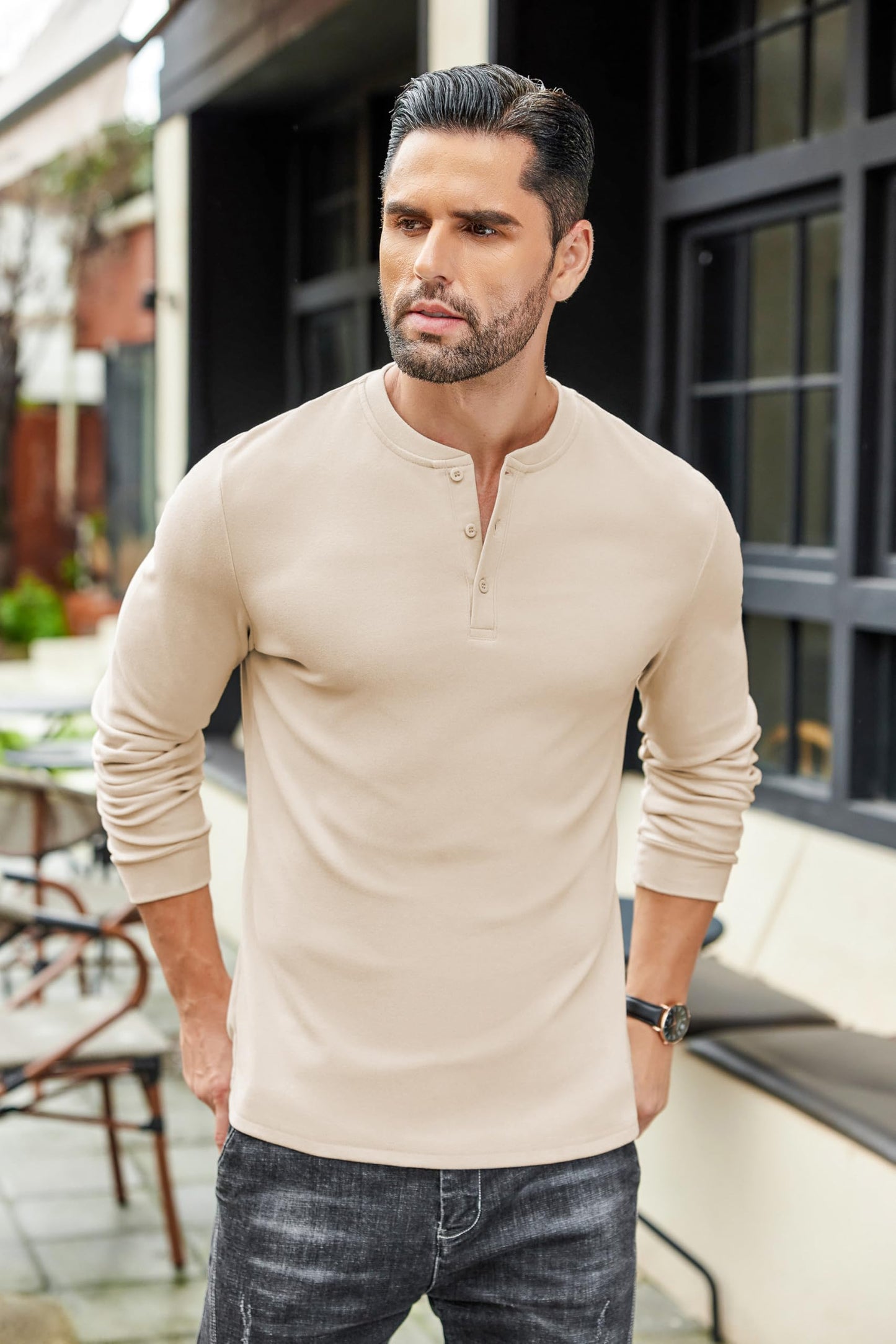 COOFANDY Men's Casual Henley Shirt Soft Stretch Long Sleeve T-Shirt Heavyweight Henley Pullover Basic Solid Plain T Shirt Khaki - Medaid International