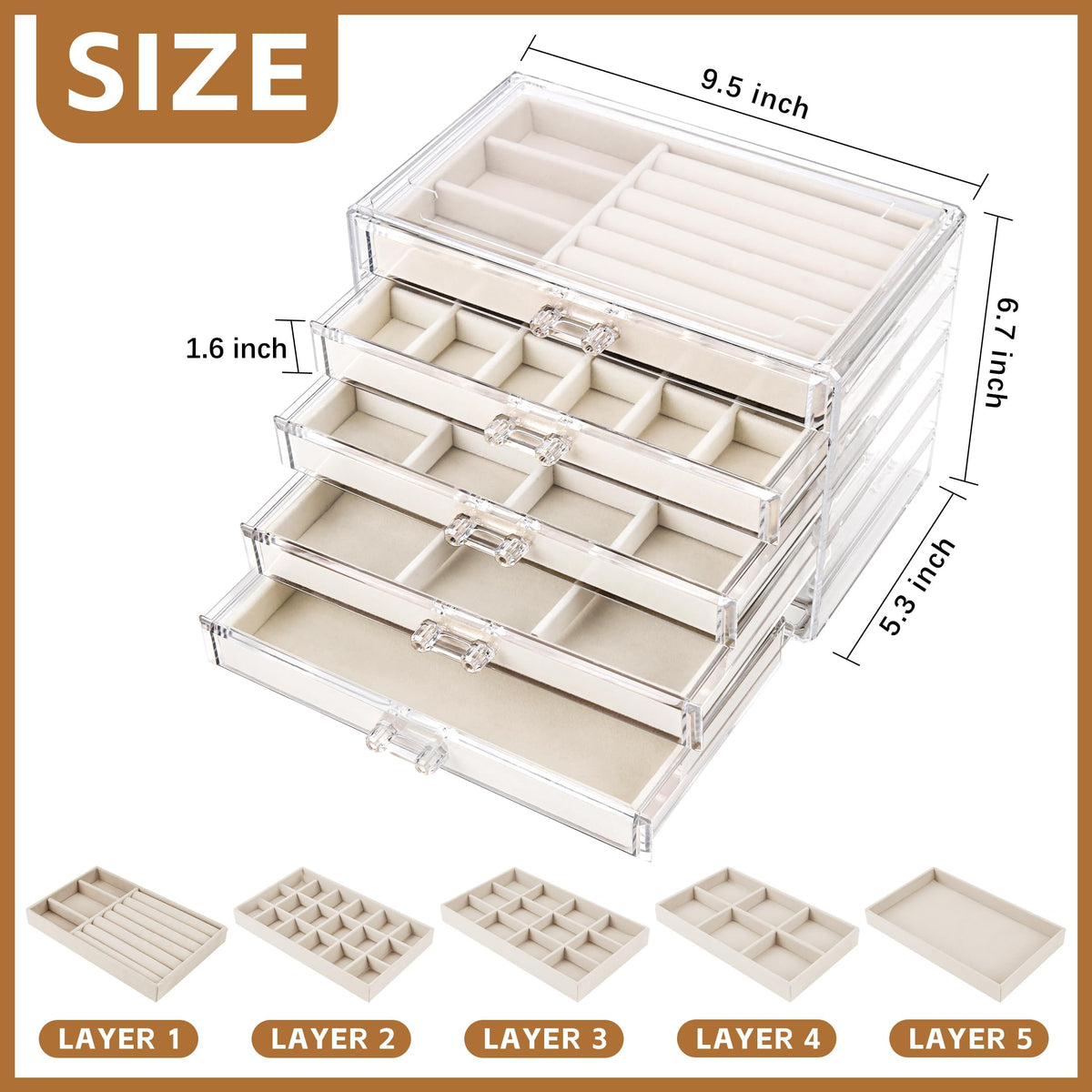 TERRIFI Acrylic Jewelry Organizer with 5 Drawers, Velvet-Lined Jewelry Storage Display, Earring Holder and Necklace Organizer, Elegant Gift for Women, Ideal for Storing and Displaying Jewelry