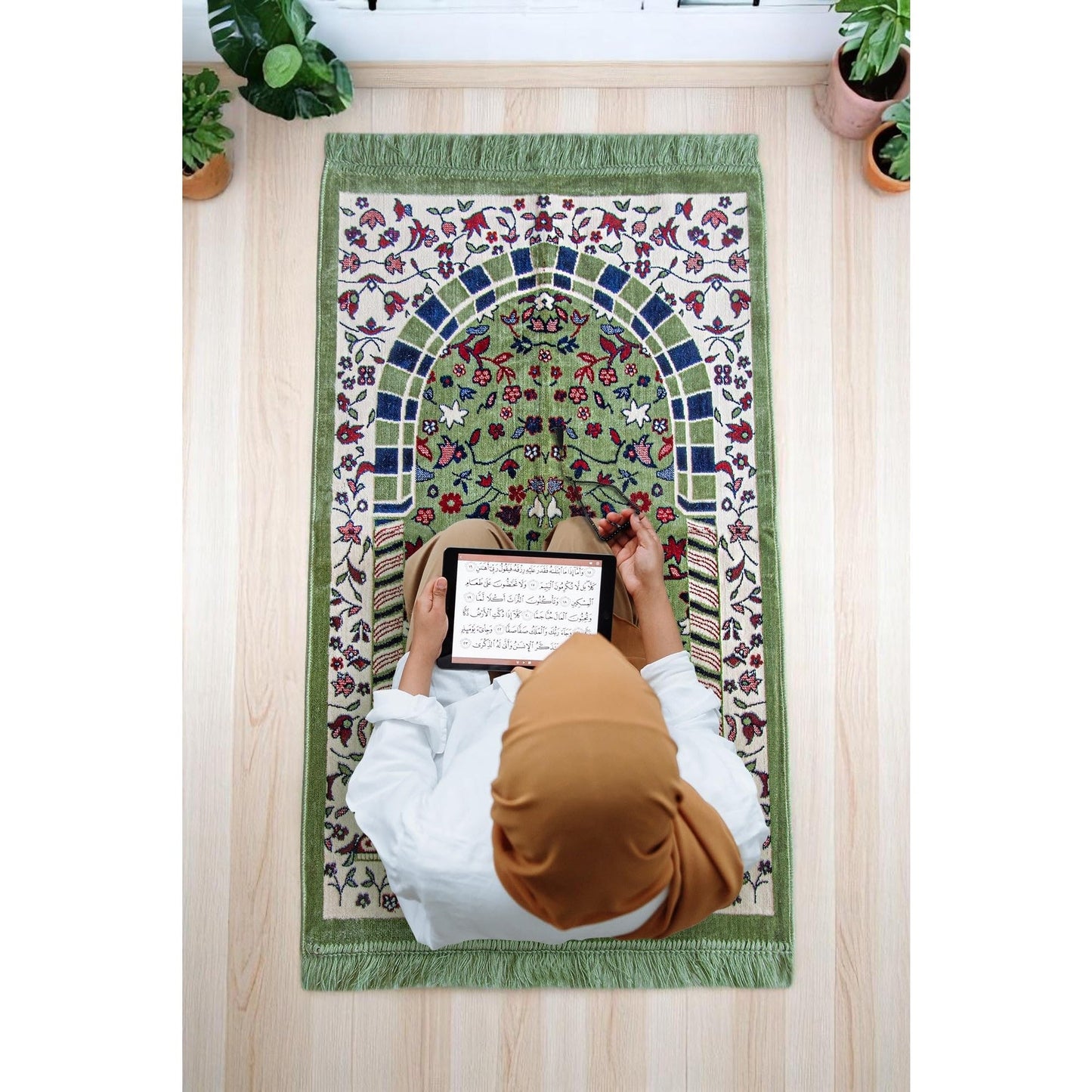 ihvan online, Velvet Muslim Prayer Rug, Thick Janamaz, Sajadah, Soft Islamic Prayer Rug, Islamic Gifts Prayer Carpet Mat, Elegant Design, Rawdah Green - Medaid International
