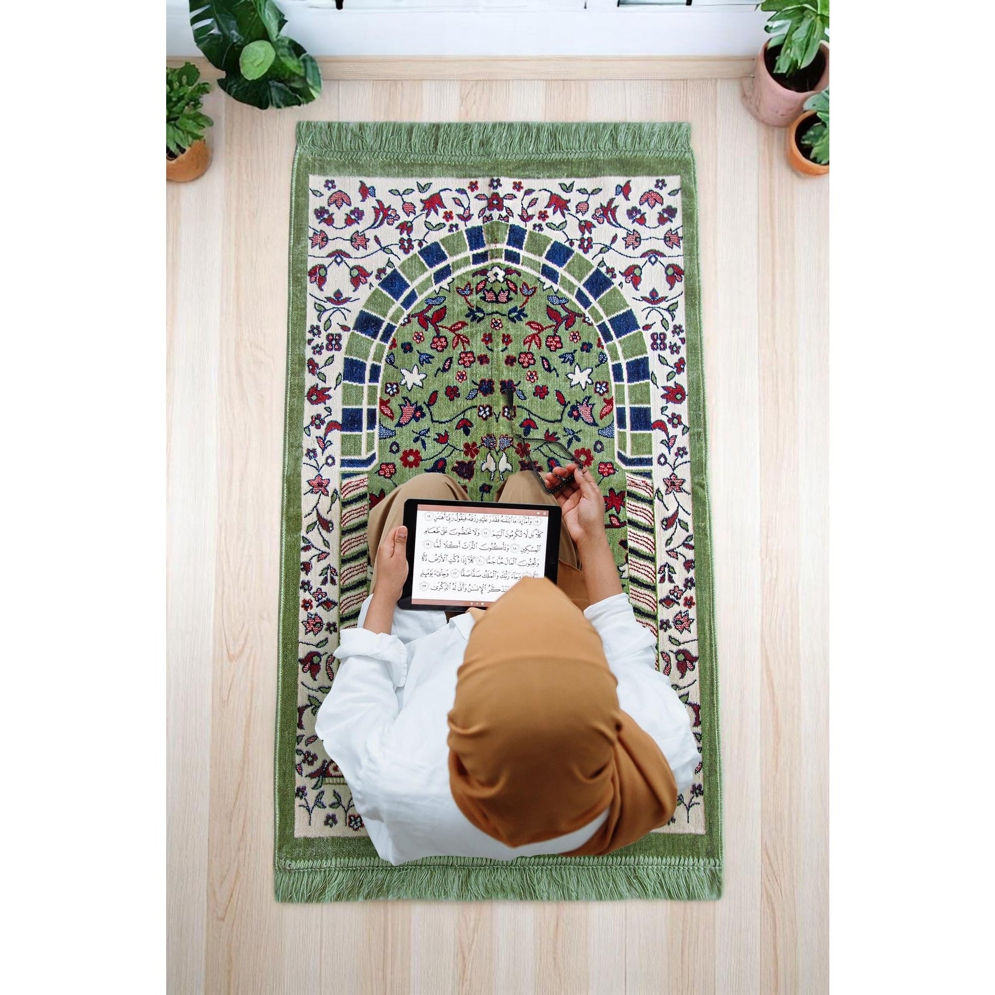 ihvan online, Velvet Muslim Prayer Rug, Thick Janamaz, Sajadah, Soft Islamic Prayer Rug, Islamic Gifts Prayer Carpet Mat, Elegant Design, Rawdah Green - Medaid International