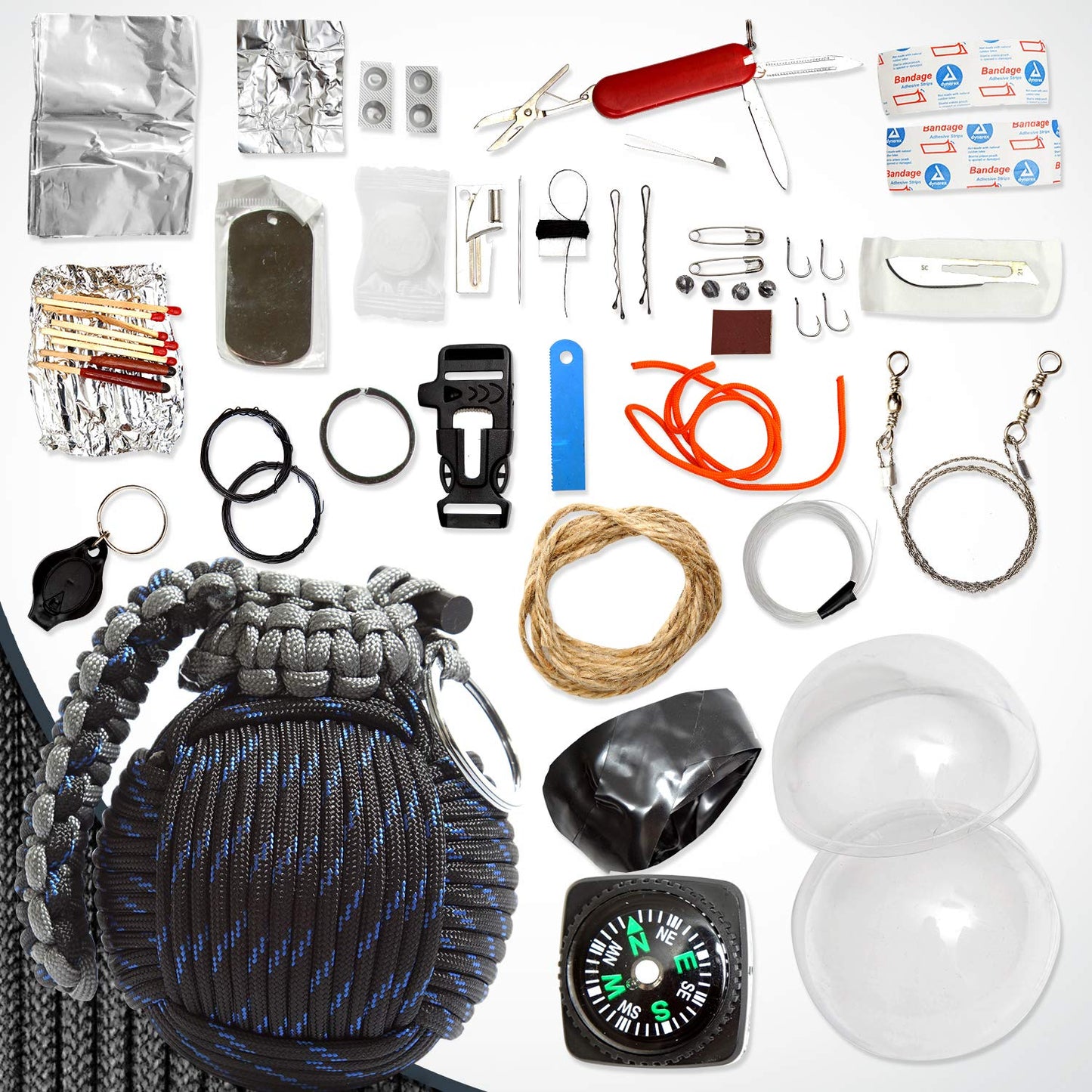 Paracord Emergency Carabiner Grenade with 48 Survival Tools (Blue+Black) - Grenade-Tied 550 Parachute Cord for Outdoor Preparedness - Holtzman's Gorilla Survival