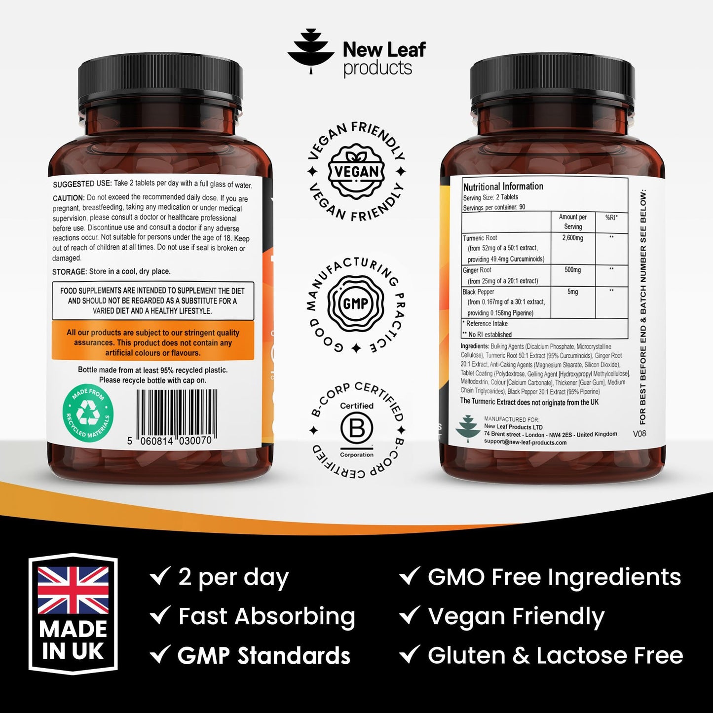Turmeric Tablets with Black Pepper & Ginger - Curcumin - 180 Turmeric and Black Pepper Tablets (3 Month) High Strength Active Turmeric Supplements Not Capsules, by New Leaf - Medaid International
