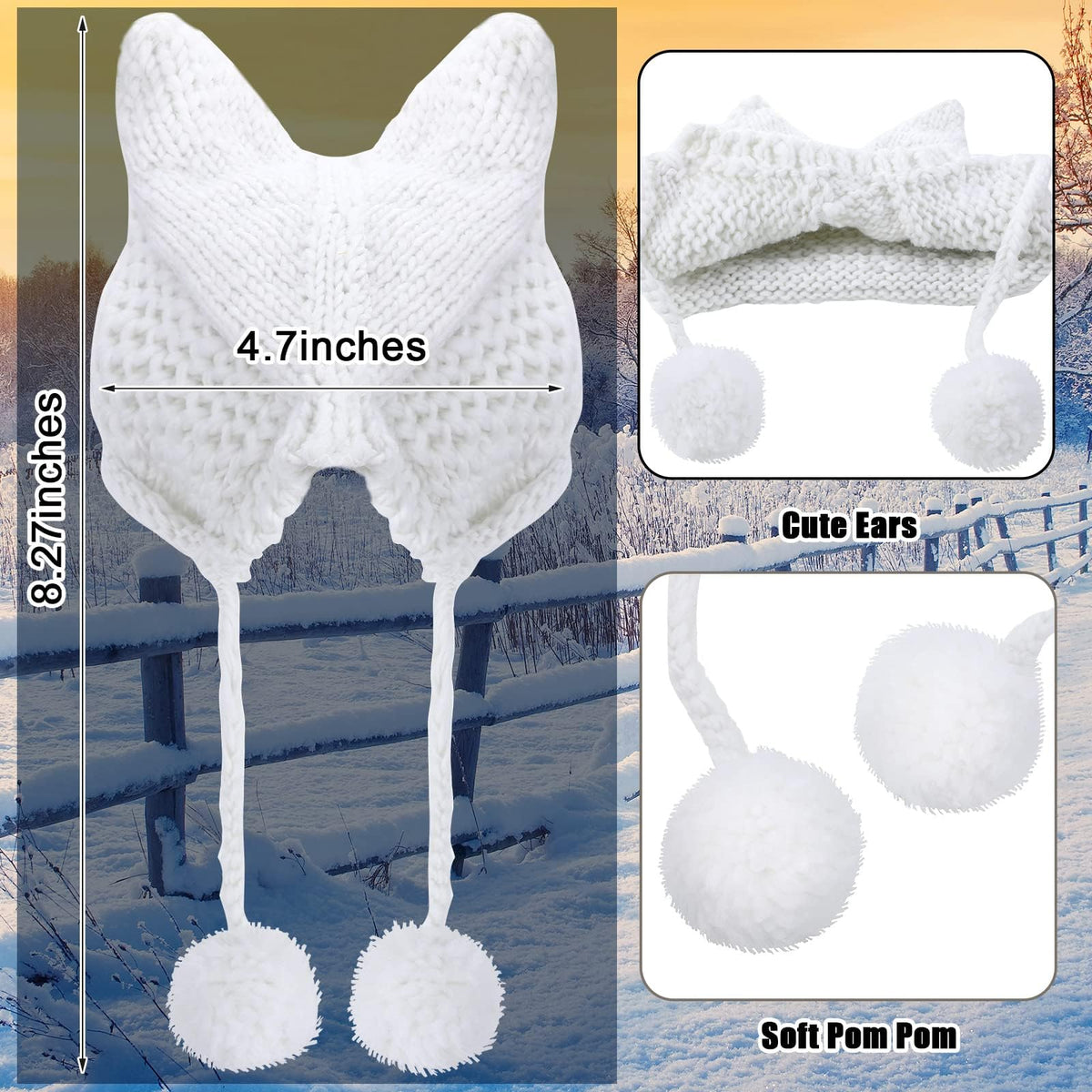 4 Pieces Winter Cat Ear Beanie Knit Hat & Touchscreen Gloves Set for Women - KASTWAVE 2 Cat Ears Hats (White & Black) + 2 Pairs Warm Knit Gloves for Cold Weather, Outdoor & Daily Use