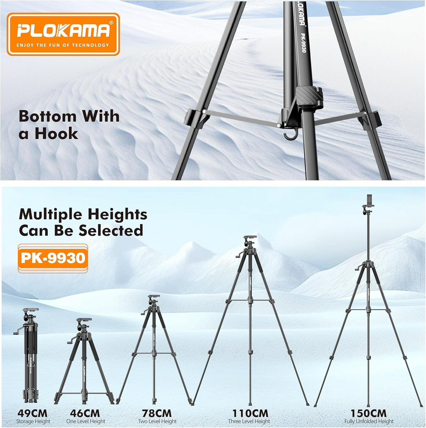 PLOKAMA Professional Tripod 150cm – 360° Rotation with Bluetooth Remote PK-9930