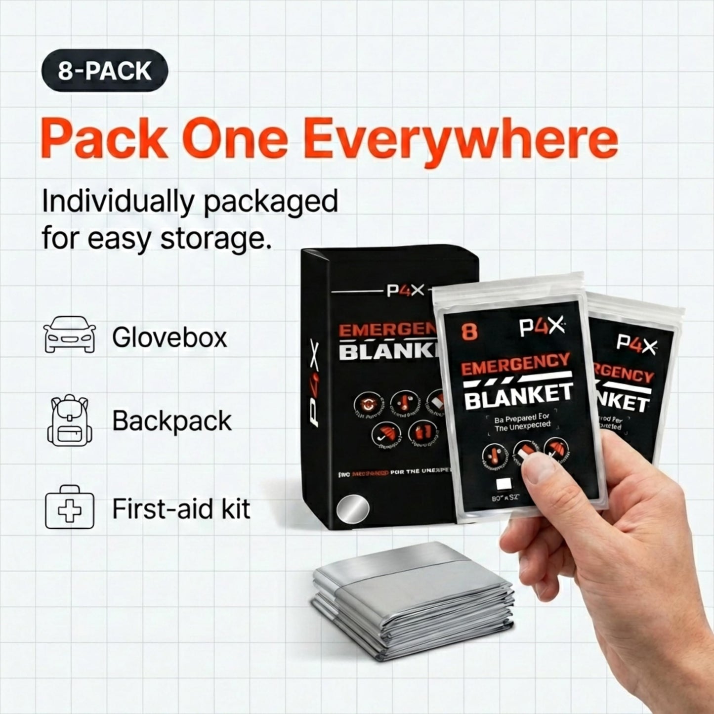 PREPARED4X 8-Pack Large Mylar Emergency Blanket - Mylar Blankets Survival Thick Reusable - Waterproof, Rip, and Tear Resistant Survivalist Gear - Emergency Thermal Blanket for Outdoors 82"x82"