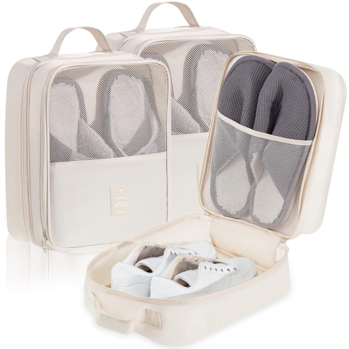 TERRIFI 3-Pack Waterproof Shoe Bags for Travel, Foldable Shoe Storage Pouch Organizer, Holds 3 Pairs of Shoes, Perfect for Daily Use, Beige