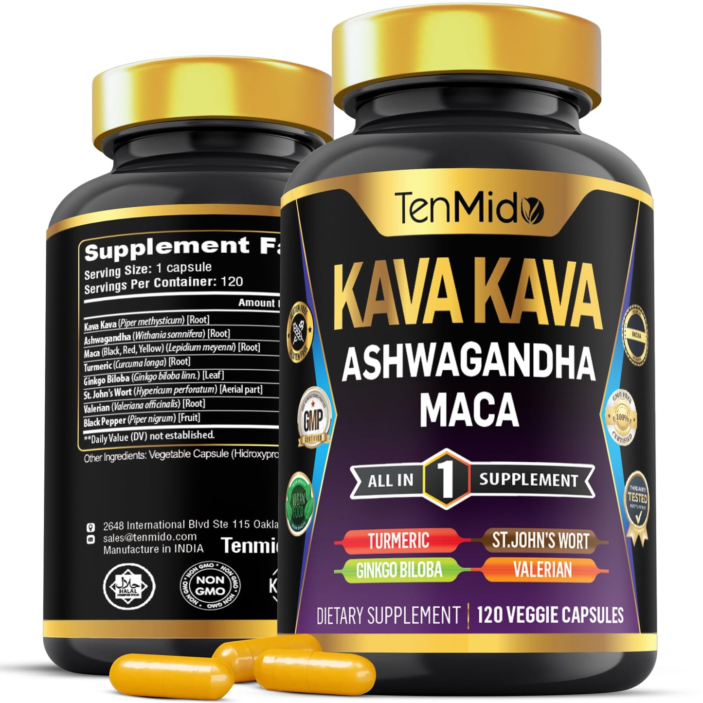 Tenmido Kava Kava Root Supplement - 8in1 Formula - Combine with Ashwagandha, Maca, Turmeric, Ginkgo Biloba, St. John's Wort, Valerian & Black Pepper - 120 Vegan Capsules, 4 Months Supply - Medaid International