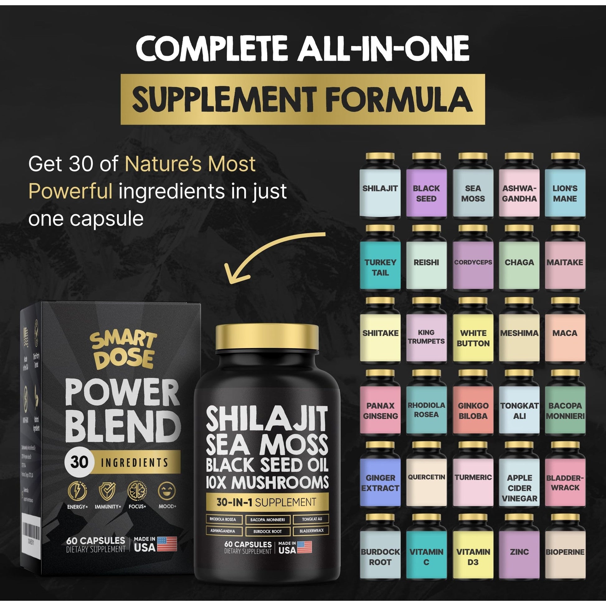 Smart Dose Power Blend Capsules - 30-in-1 Supplement Bundle with Shilajit 6000mg, Sea Moss 4000mg, Black Seed Oil 4000mg, Ashwagandha 2000mg, 10x Mushrooms, Tongkat Ali, Maca, Holistic Pills Combo - Medaid International