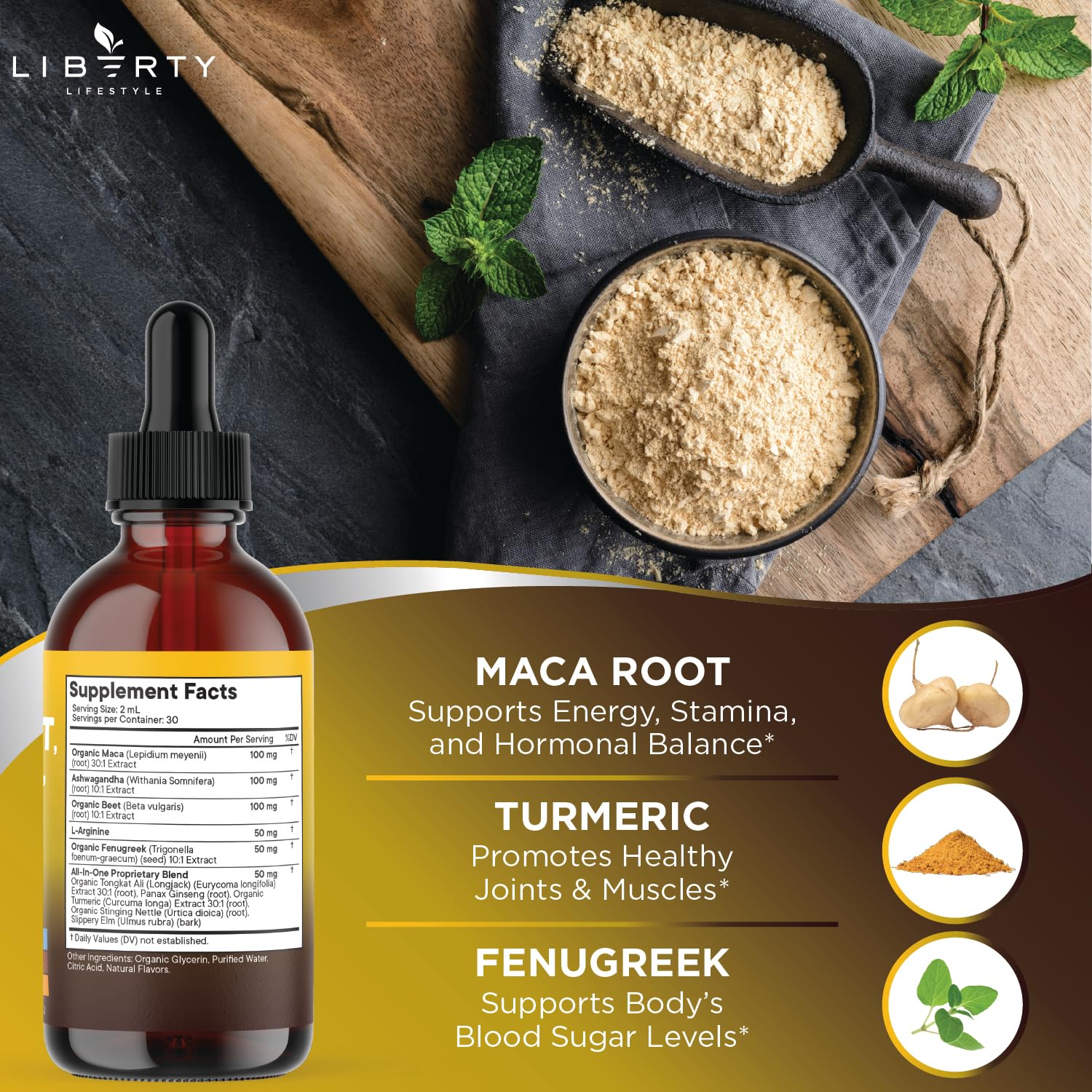 Liberty Lifestyle Organic Maca Root Liquid Drops with Ashwagandha, Nettle, Fenugreek, Beet Root and L-Arginine Liquid Multivitamin for Women and Men - 2oz - Medaid International