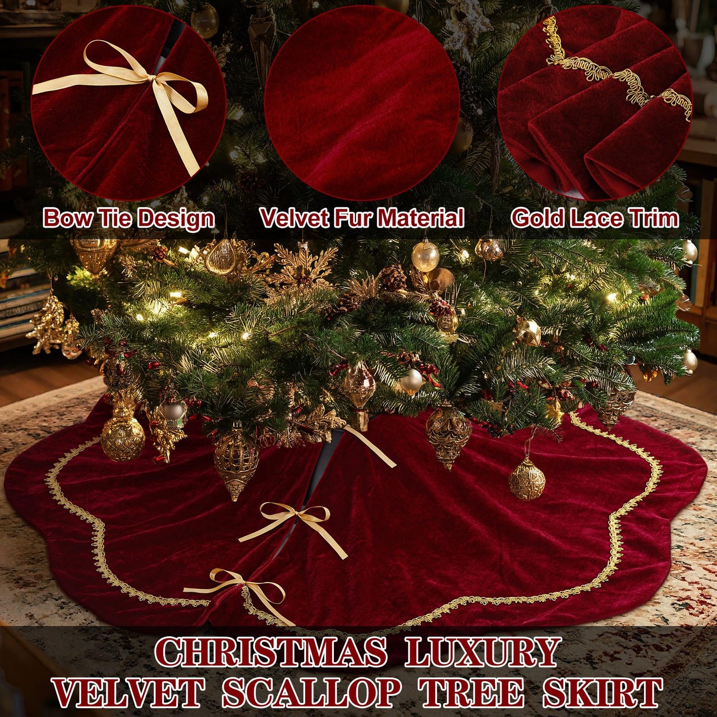 Arrowbash Christmas Tree Skirt 48 Inch Red Velvet Fur Scallop Tree Skirt Sparking Gold Lace Trim for Party Rustic Xmas Holiday Decorations All Year - Medaid International