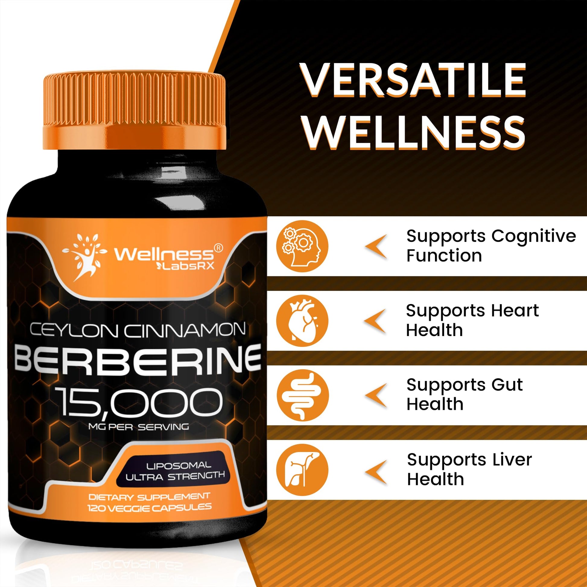 WELLNESS LABSRX Berberine 15,000mg - Third-Party Tested Berberine Supplement HCL with Ceylon Cinnamon, Black Pepper Extract and Apple Cider Vinegar, Heart Support Capsules - 120 Capsules - Pack of 1 - Medaid International