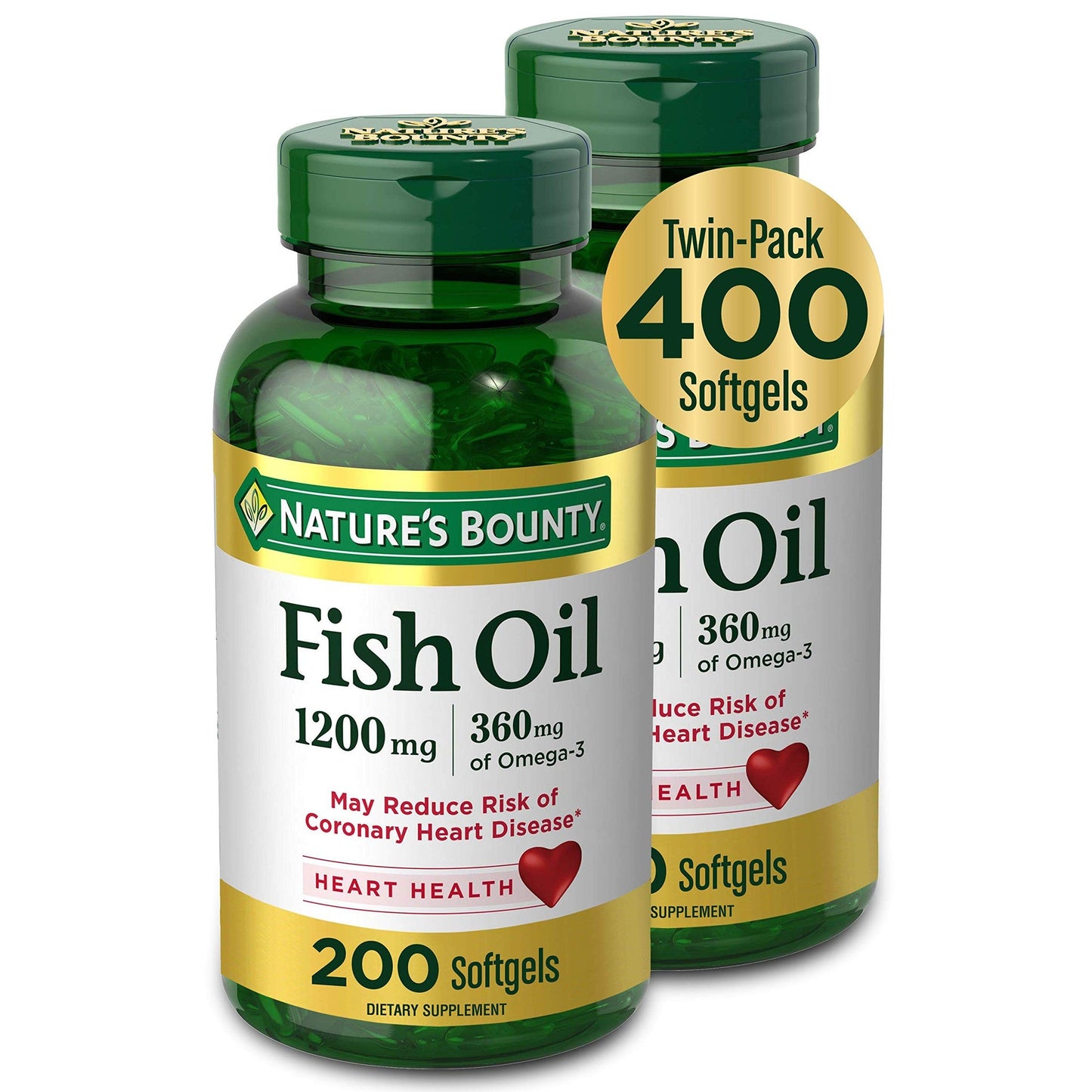 Nature's Bounty Fish Oil, Dietary Supplement with 360mg Omega-3, Supports Heart Health, 1200mg, 200 Softgels (Pack of 2) - Medaid International