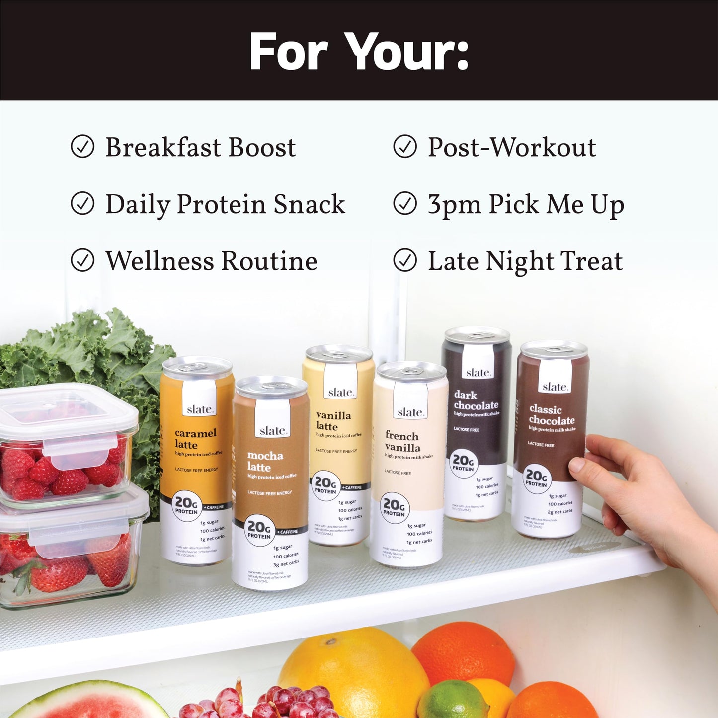 Slate Milk - High Protein Iced Coffee - Vanilla Latte - 175mg Caffeine, Lactose Free Energy - 20g Protein, 1g Sugar, 100 Calories, 1g Net Carbs, No Sugar Added - Protein Coffee - 11 fl oz, 12 Cans - Medaid International