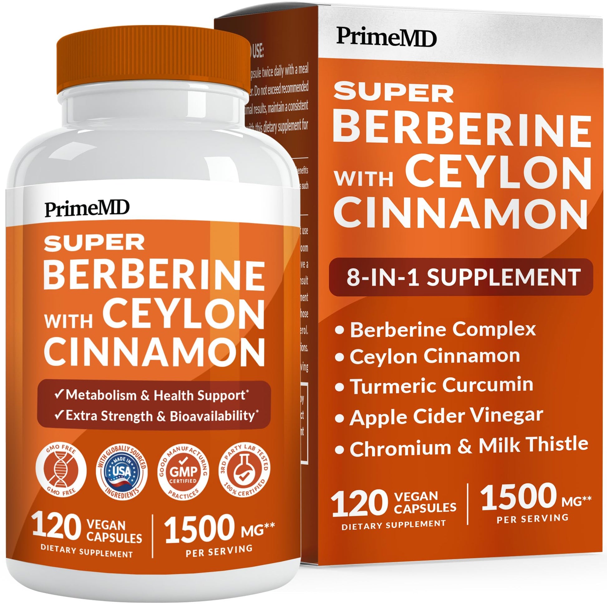 Super Berberine Supplement with Ceylon Cinnamon, BioPerine, Apple Cider, and Turmeric 1500mg - 8-in-1 Dihydroberberine Supplement for Overall Wellness and Balance Support, 120 ct - Medaid International