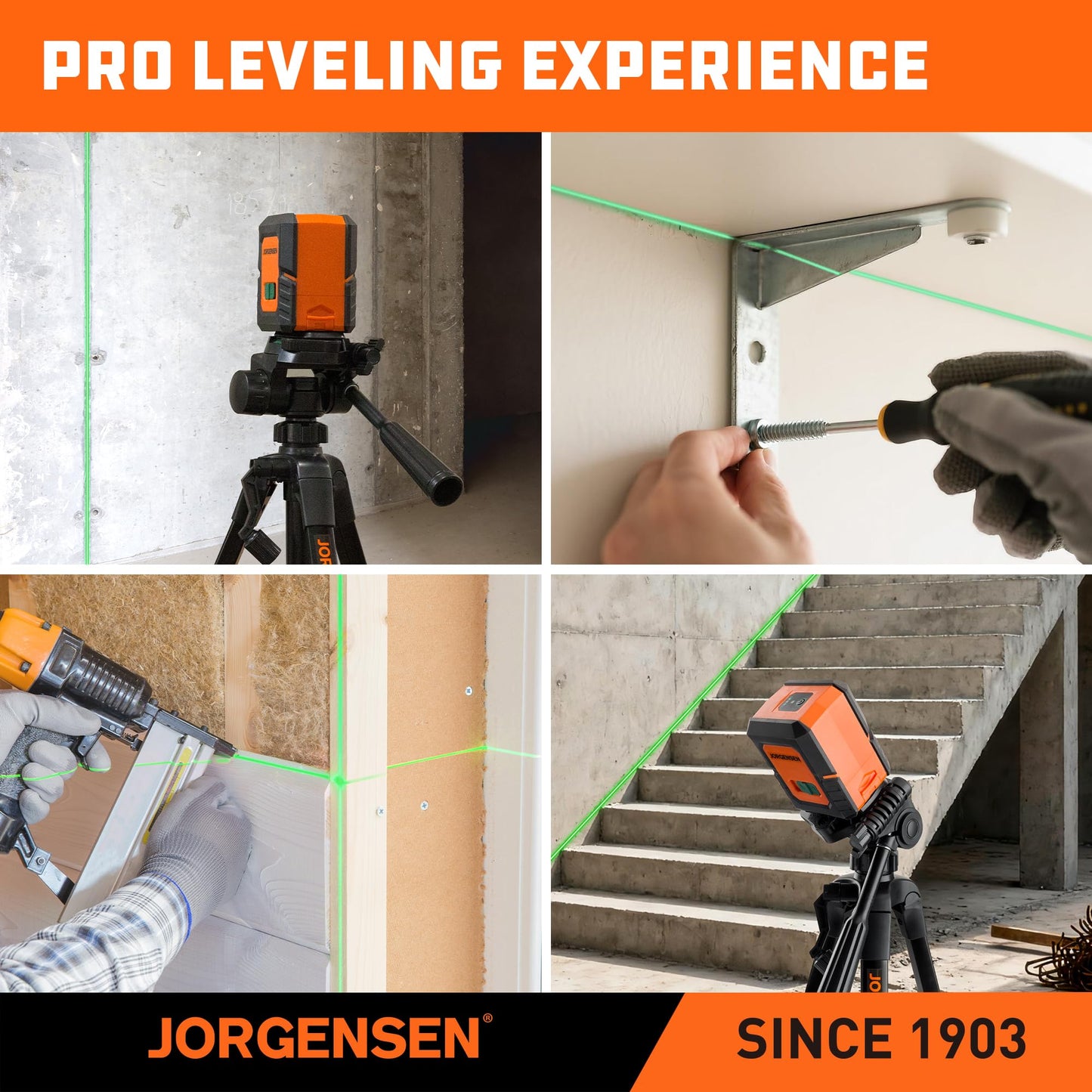 JORGENSEN Laser Level with Tripod, 100 FT Dual Modules Self Leveling Cross Line Laser Leveler Tool with 360° Magnetic Base, Green Laser Level for Picture Hanging, Tile, Home Renovation, Indoor Project - Medaid International