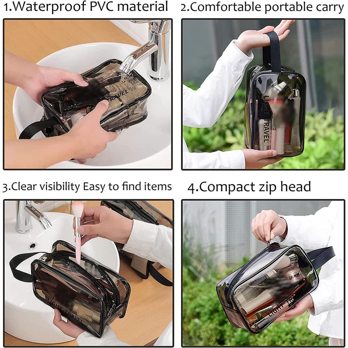 KASTWAVE Clear Cosmetic Bag, 3 Piece Water Resistant PVC Packing Cubes with Zipper Closure & Carry Handle Suitable for air Travel Bathroom Beach Pool Spa Gym Bag(Gray)