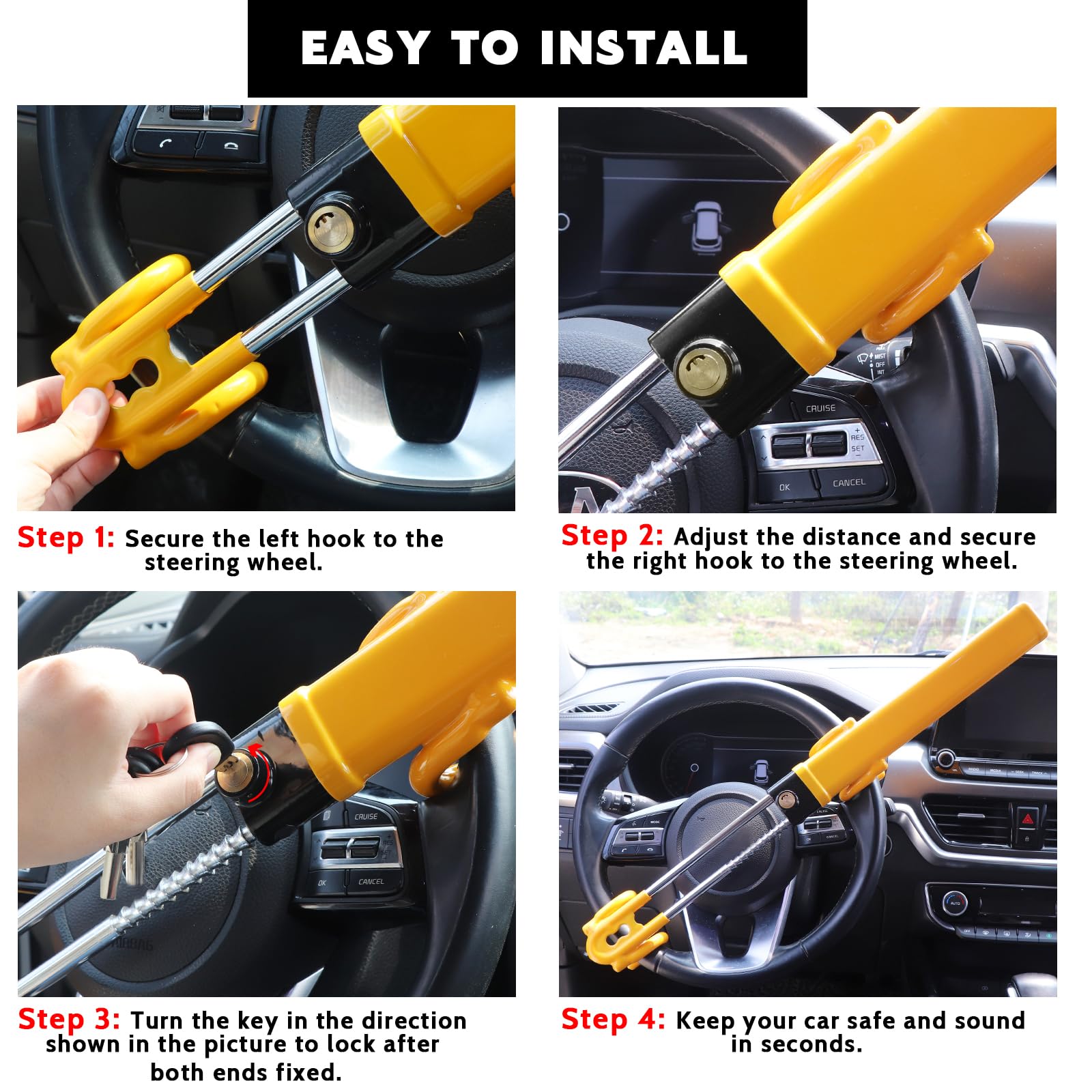 Turnart Steering Wheel Lock Anti-Theft Device Wheel Lock Retractable Car Lock with 3 Keys Heavy-Duty for Car Security Universal Fit for Auto/SUV/Van/Truck - Medaid International
