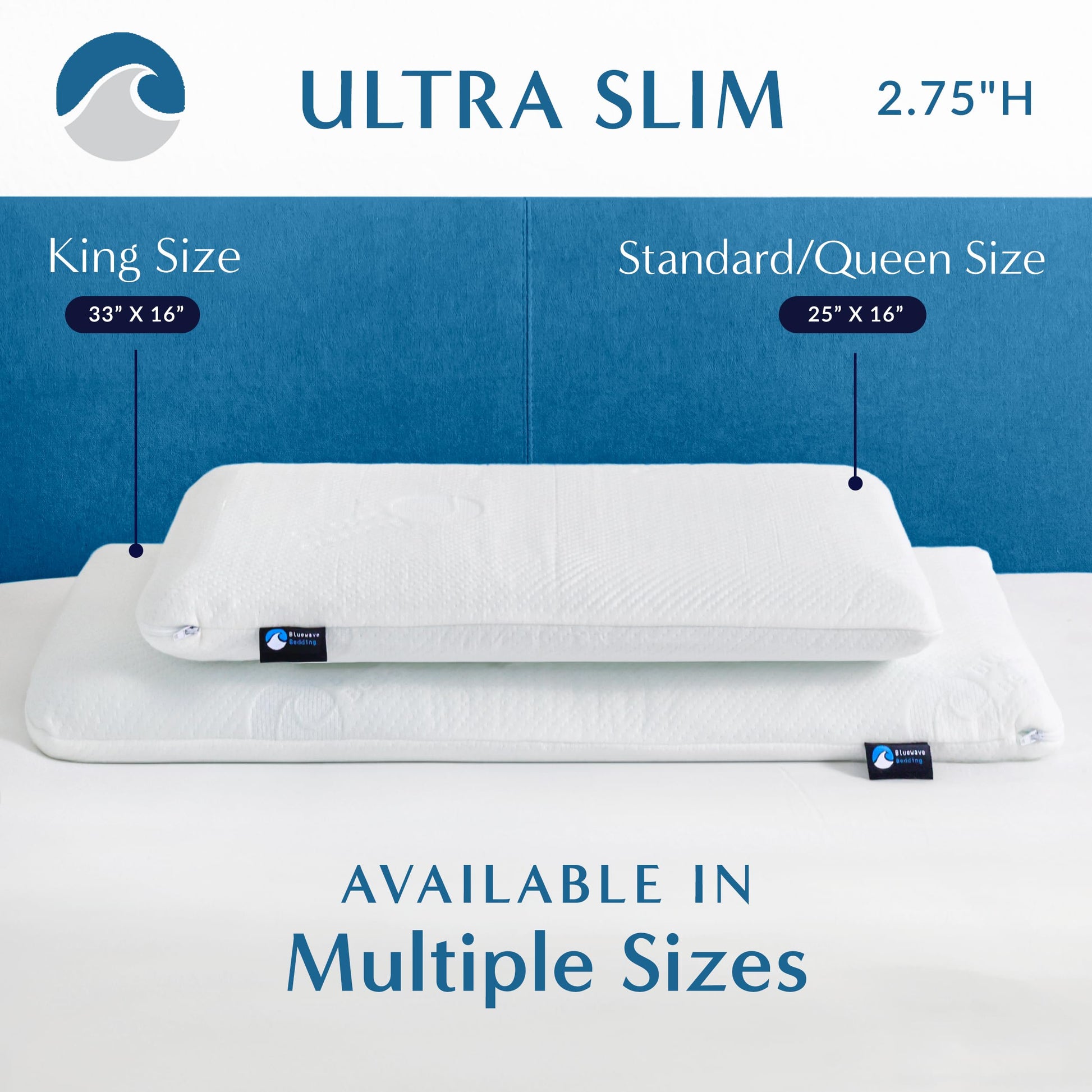 Bluewave Bedding Ultra Slim Gel Memory Foam Pillow for Stomach and Back Sleepers - Thin, Flat Design for Cervical Neck Alignment and Deeper Sleep (2.75-Inches Height, Standard Size) - Medaid International