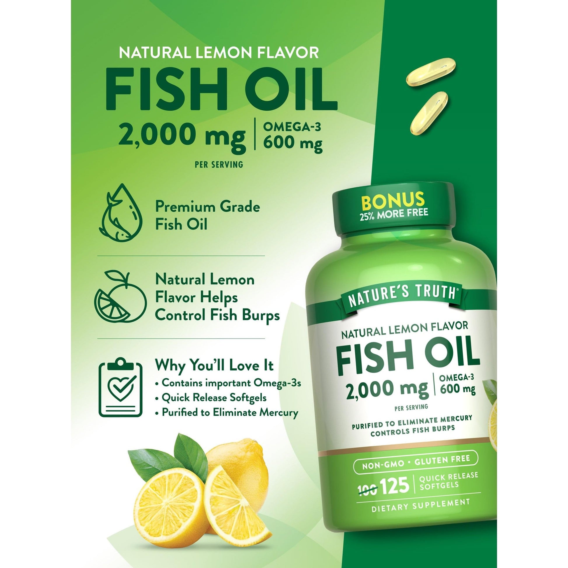 Nature's Truth Omega 3 Fish Oil 2000 mg | 125 Liquid Softgels | Burpless, Lemon Flavor Pills | Non-GMO and Gluten Free Supplement - Medaid International