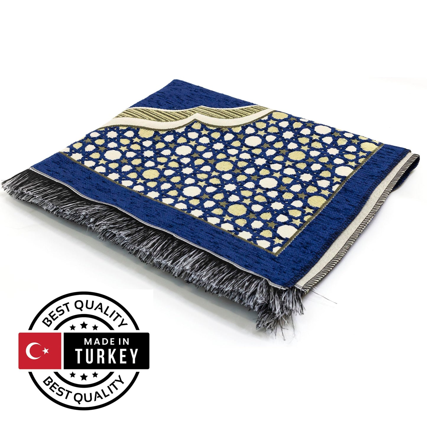 Modefa Turkish Islamic Prayer Mat - Thin Woven Chenille Sajjadah - Intricate Praying Rug Ramadan Eid Gift - Traditional Muslim Janamaz Sajada for Men Women - Geometric Selcuk Star (Royal Blue) - Medaid International