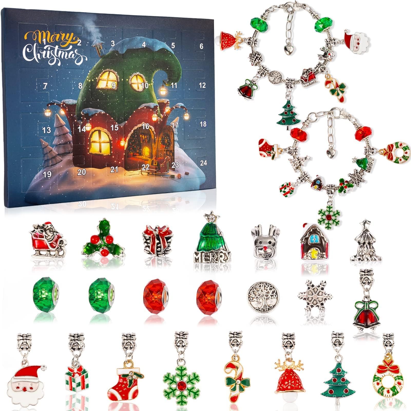 Christmas Advent Calendar Bracelets 2025 for Girls, 24 Days DIY Jewelry Making Kit with 22 Charm Beads and 2 Adjustable Bracelets, Xmas Countdown Gift for Kids Teens Women - Medaid International