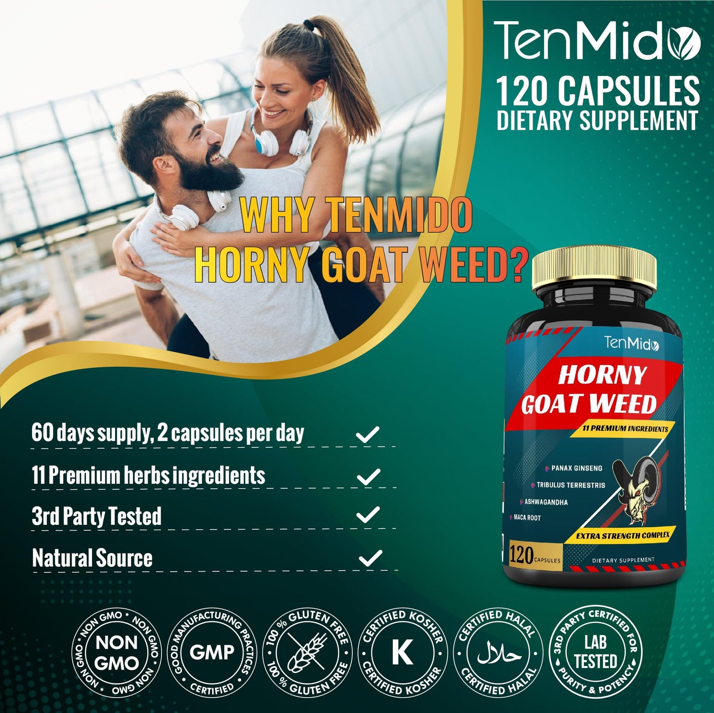 Tenmido Horny Goat Weed Extract Capsules 10000mg & Ginseng, Tribulus, Ashwagandha, Maca, Tongkat and More, 120caps - Medaid International