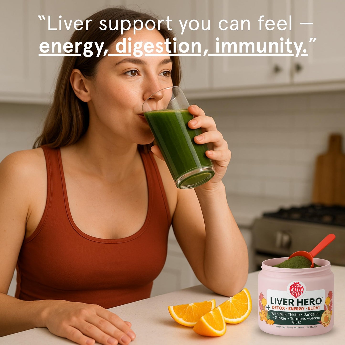 Peach Perfect Liver Hero – Premium Liver Detox and Bloat Support Powder for Women | Milk Thistle, Dandelion, Turmeric, Ginger, Chlorophyll and Vitamin C | Daily Energy, Digestion and Skin Clarity | Juicy Orange Flavor – 30 Servings - Medaid International