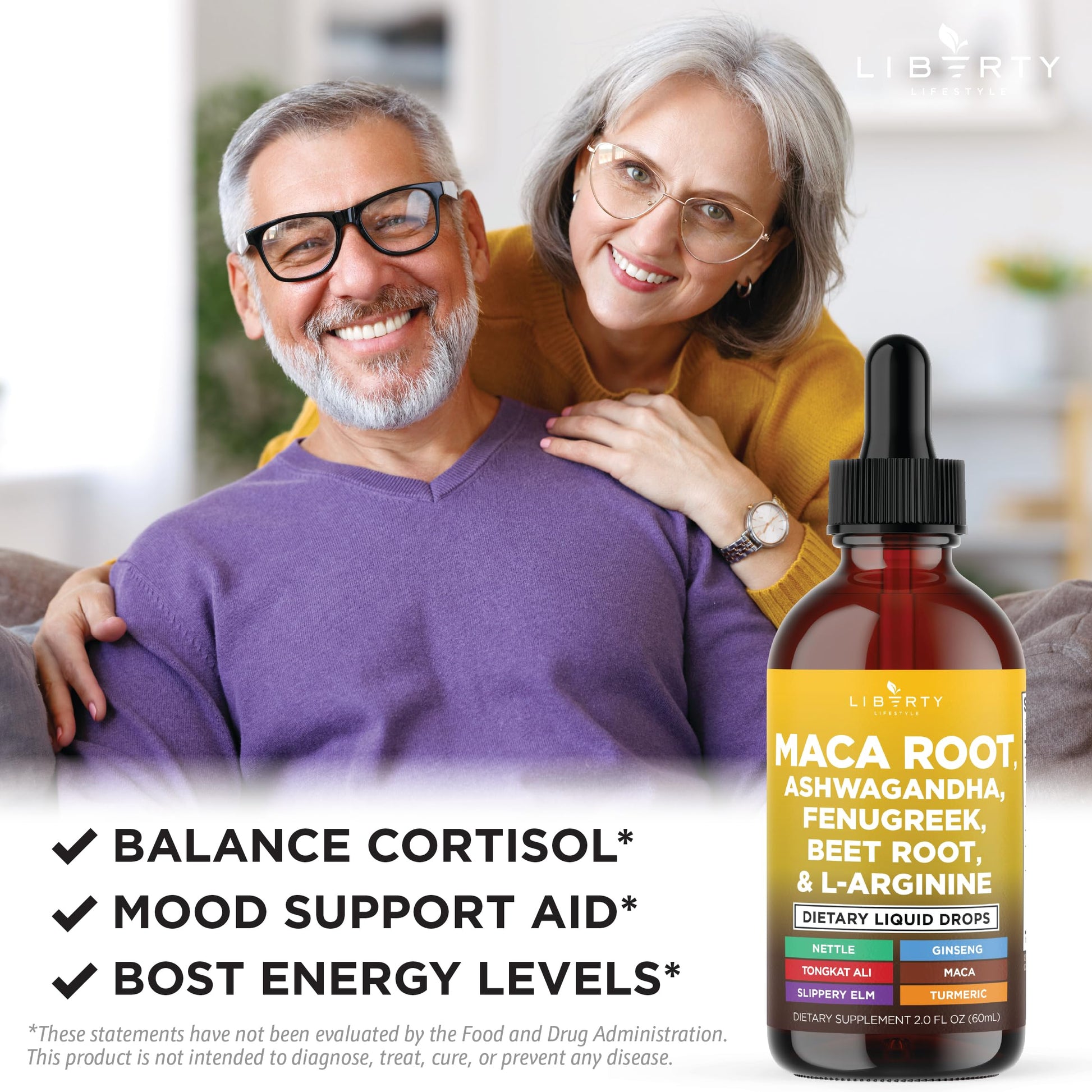 Liberty Lifestyle Organic Maca Root Liquid Drops with Ashwagandha, Nettle, Fenugreek, Beet Root and L-Arginine Liquid Multivitamin for Women and Men - 2oz - Medaid International