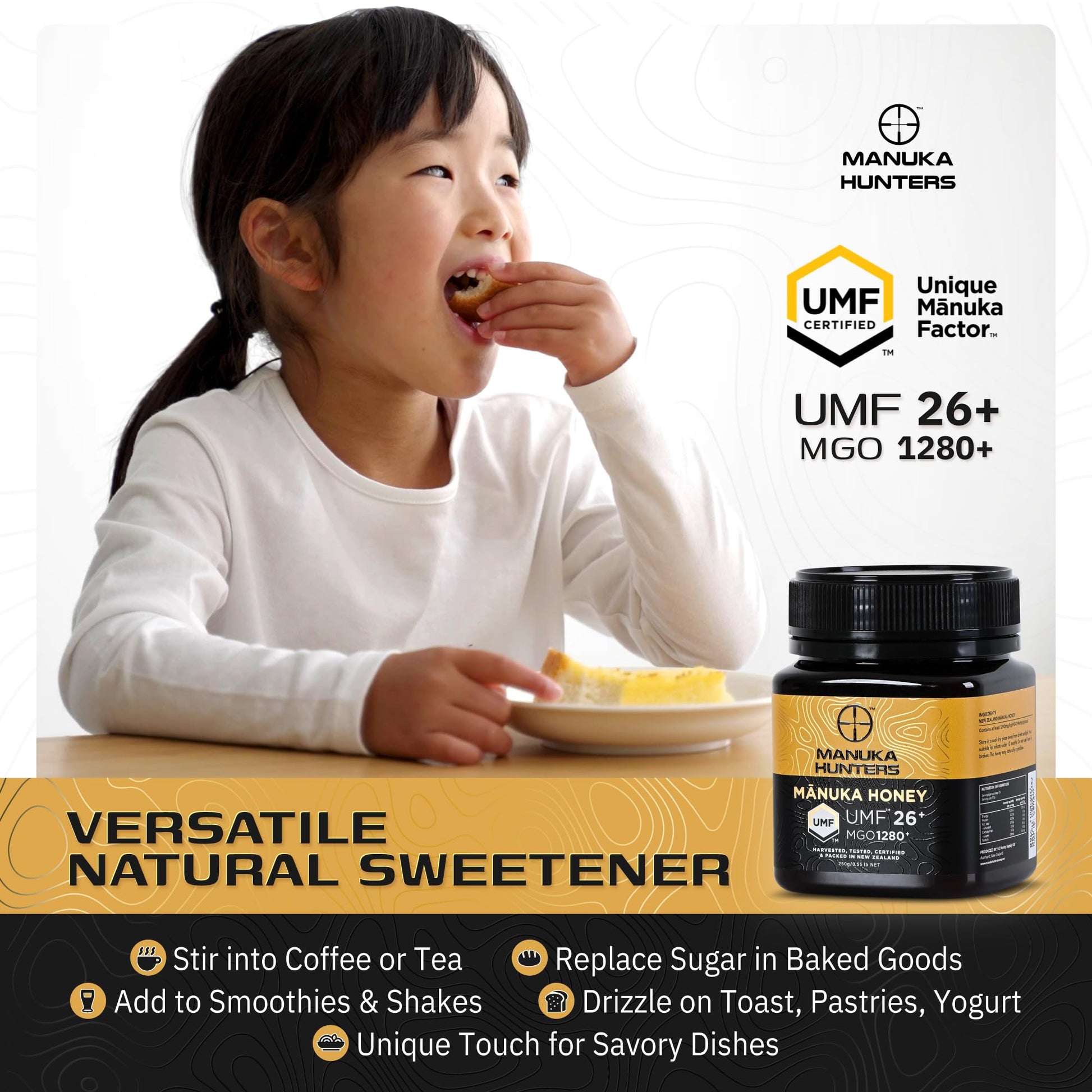 Manuka Hunters UMF 26+/MGO 1280+ Certified New Zealand Manuka Honey - 100% Pure Natural Sweetener - Gluten, Dairy Free - Ideal for Tea, Coffee, Smoothies, and Baking - Sustainable - 8.8oz/250g Jar - Medaid International