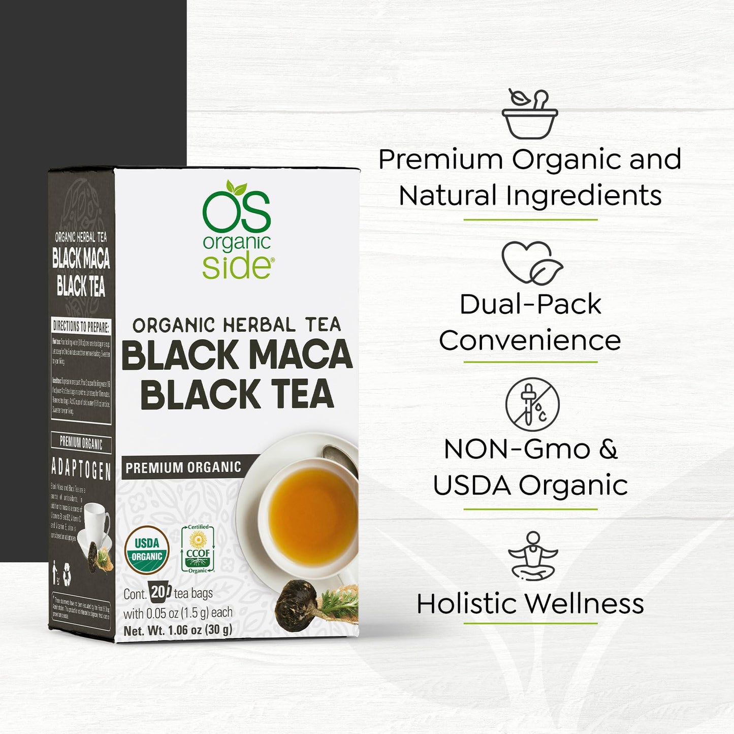 OS ORGANIC SIDE | 2-pack Organic Black Maca Tea 40 Bags | Energizing Herbal Formula Featuring Premium Black Leaves And Maca Root | Natural Source Of Antioxidants | Adaptogens - Medaid International