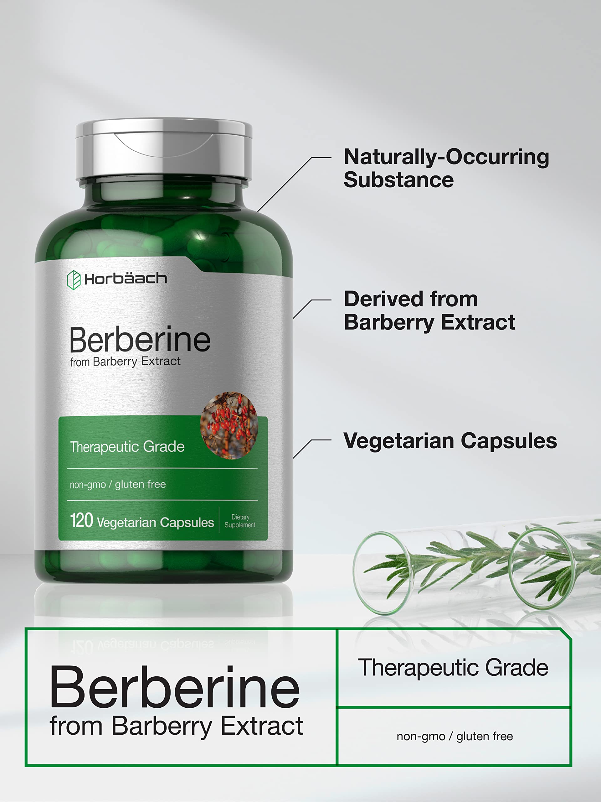 Horbaach Berberine HCL Supplement | 500mg | 120 Capsules | from Barberry Extract | Therapeutic Grade | Vegetarian, Non-GMO, Gluten Free - Medaid International