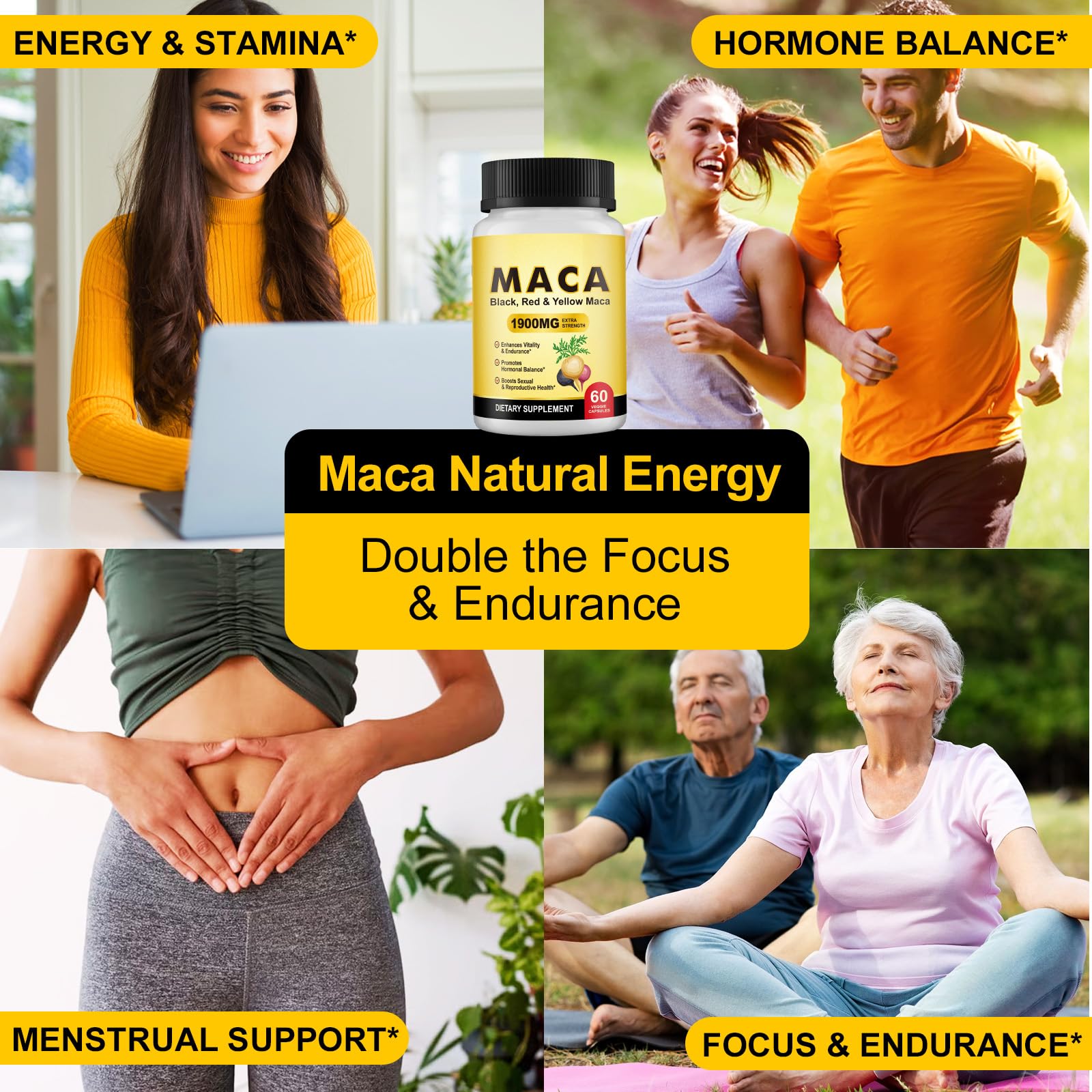 Maca Root Capsules for Women1900mg, Black + Red + Yellow Maca Root Extract Vegan Supplement Supports Reproductive Health, Menstrual Support, Hormonal Balance, Natural Energy - Medaid International