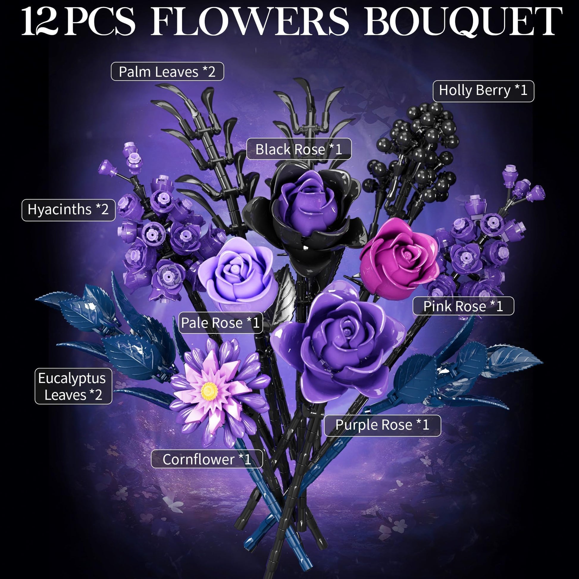 Advent Calendar 2025 for Adults Teens, 12 Purple Rose Flower Bouquet Building Blocks, 24 Days Surprise Christmas Countdown Calendar with 822 PCS Gothic Artificial Flowers Home Decor for Women Men Teen - Medaid International