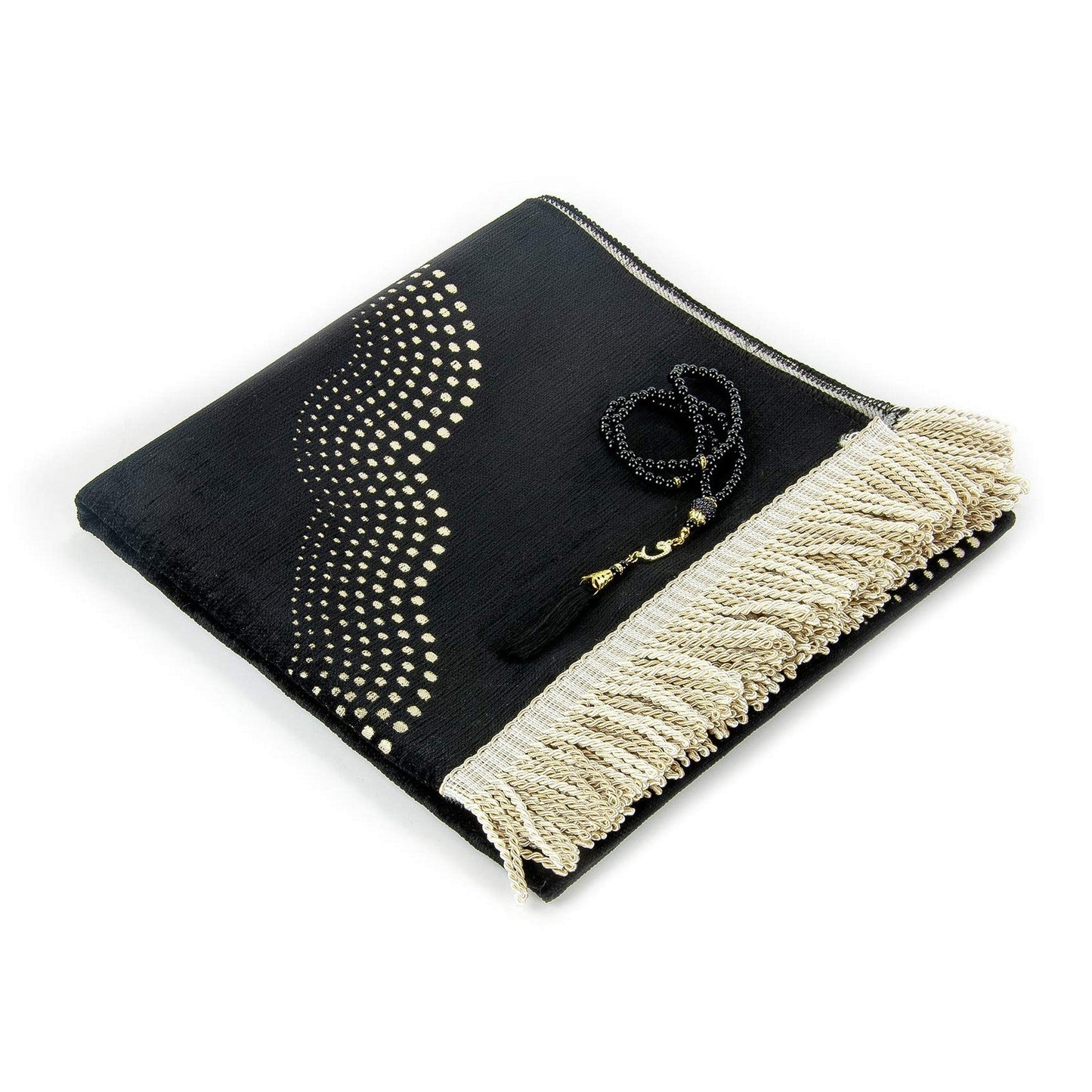 Muslim Prayer Rug with Prayer Beads | Janamaz | Sajadah | Soft Islamic Prayer Rug with Mihrab Design | Islamic Gifts | Prayer Carpet Mat, Chenille Fabric, Black - Medaid International