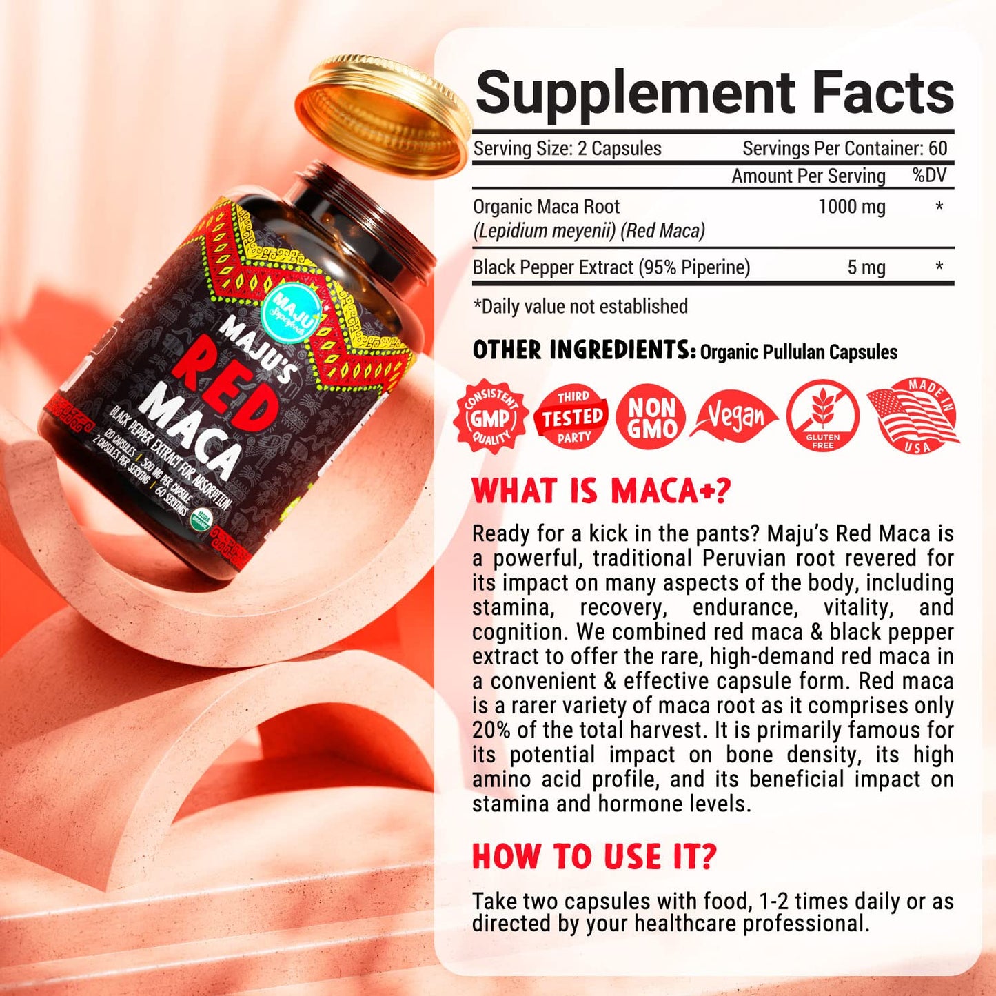 Maju Superfoods Organic Red Maca Root Capsules 120ct - Women Focused Curve Enhancement Nutrition Booster Pills, Gain for Thighs, Powder in Pill Supplement - Medaid International