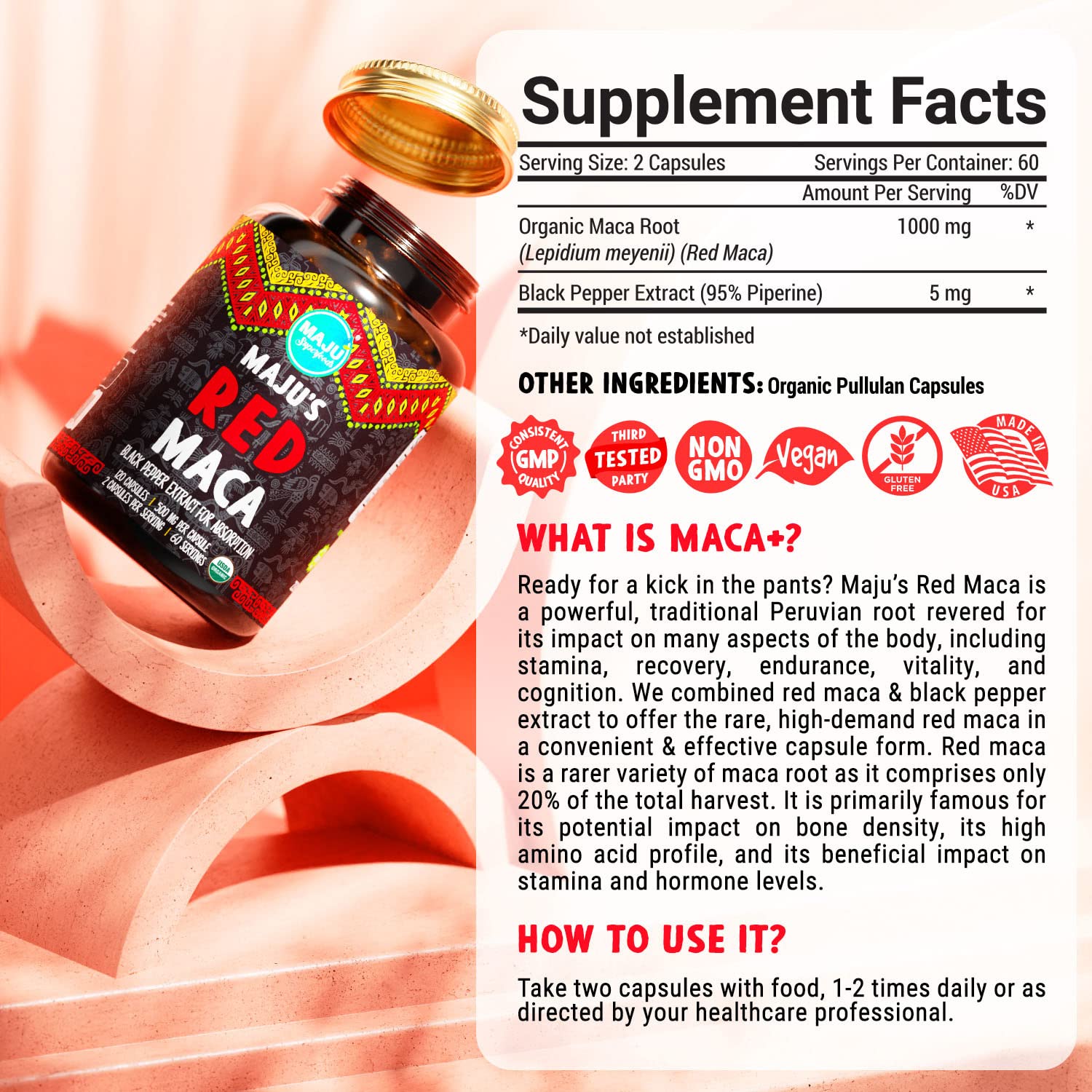 Maju Superfoods Organic Red Maca Root Capsules 120ct - Women Focused Curve Enhancement Nutrition Booster Pills, Gain for Thighs, Powder in Pill Supplement - Medaid International