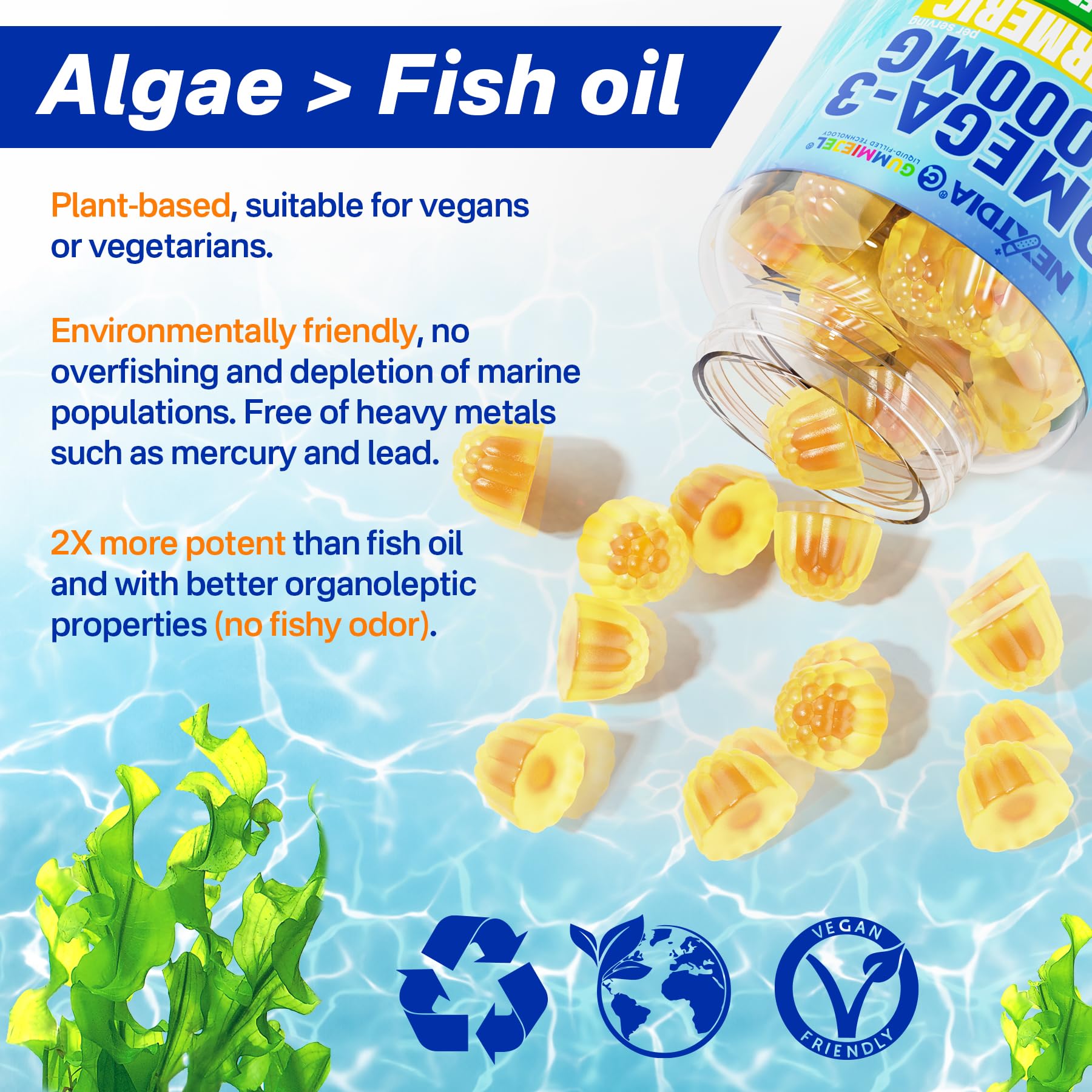 Vegan Omega-3 Gummies 1000mg + Turmeric - Omega 3 Fish Oil Alternative for Adults - Algae DHA 600mg & EPA 300mg, Vitamins A, C, E, Zinc & MSM, Sugar Free, 60 Cts - Medaid International