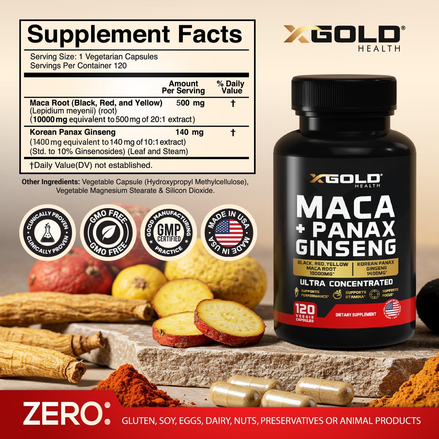 Maca Root Capsules 10,000mg + Korean Panax Ginseng 1,400mg - 20x Concentrated Extract Black + Red + Yellow Maca Root, 10x Concentrated Extract Panax Ginseng Capsules - Ultra Potent & Highly Purified - Medaid International